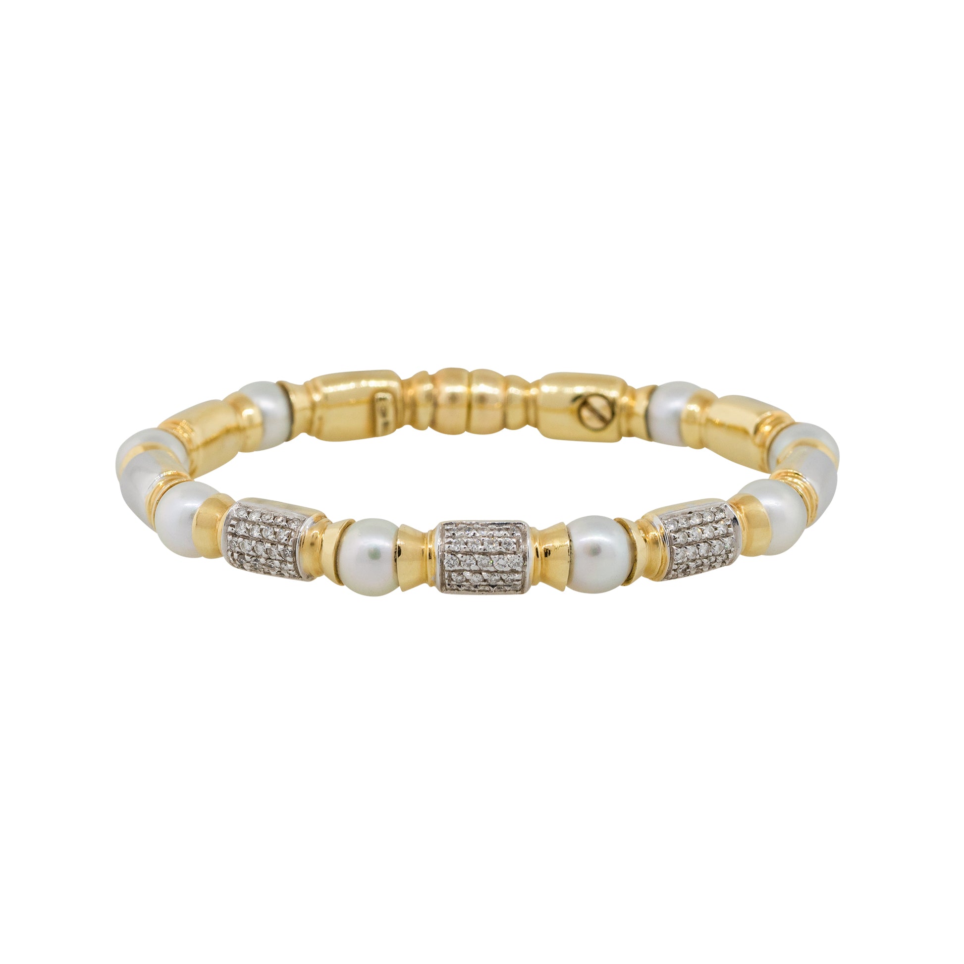 18k Yellow Gold 0.75ctw Diamond Pearl Open Cuff Bangle Bracelet