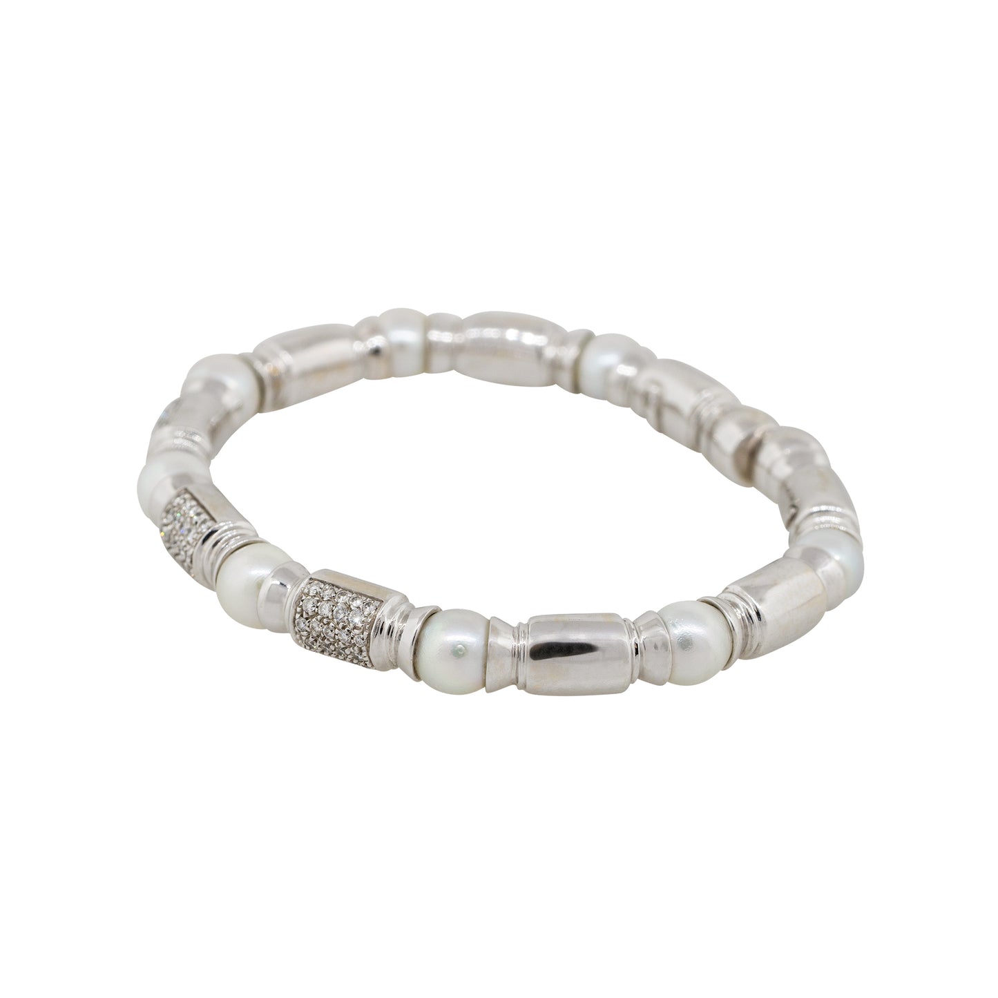 18k White Gold 0.75ctw Diamond Pearl Open Cuff Bangle Bracelet