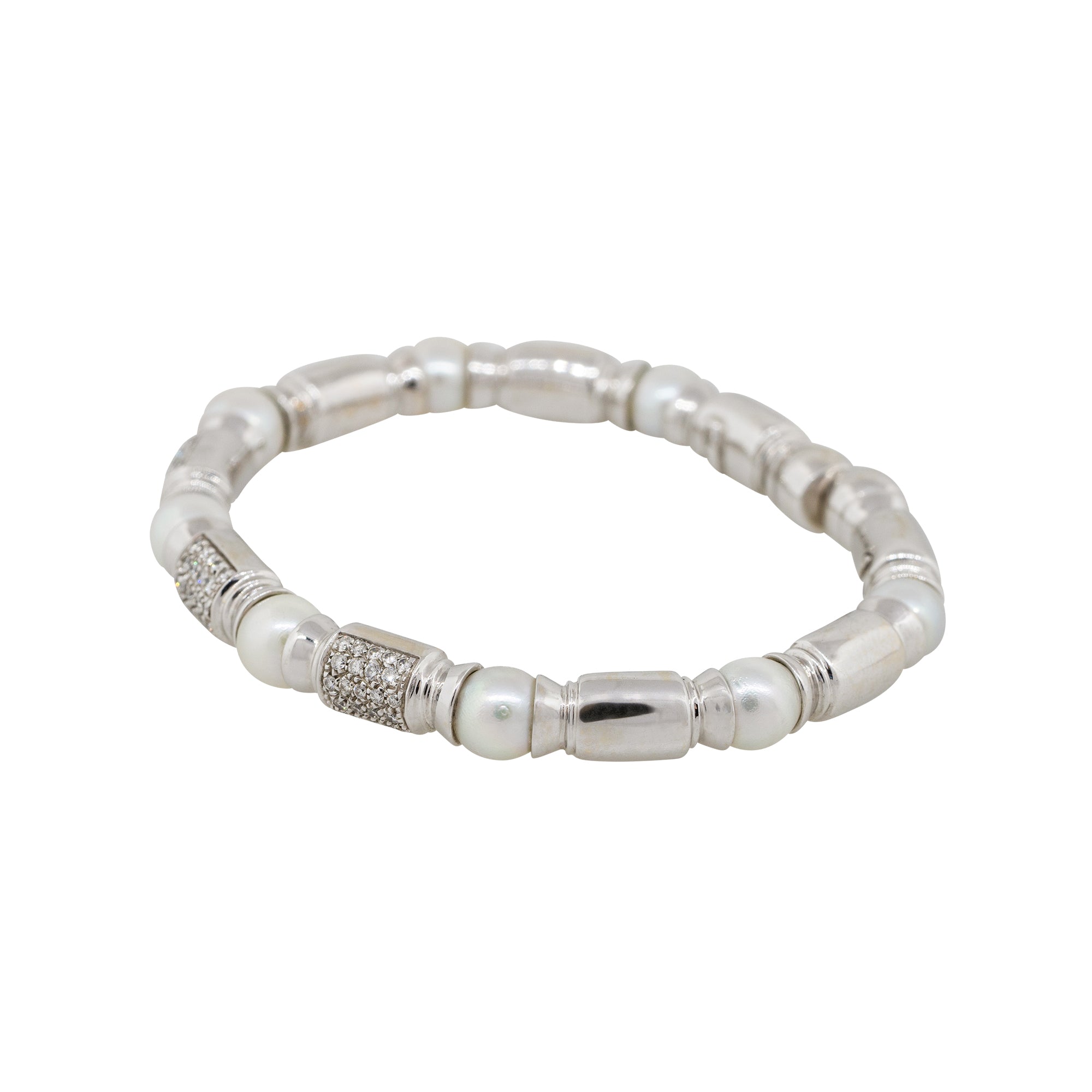 18k White Gold 0.75ctw Diamond Pearl Open Cuff Bangle Bracelet