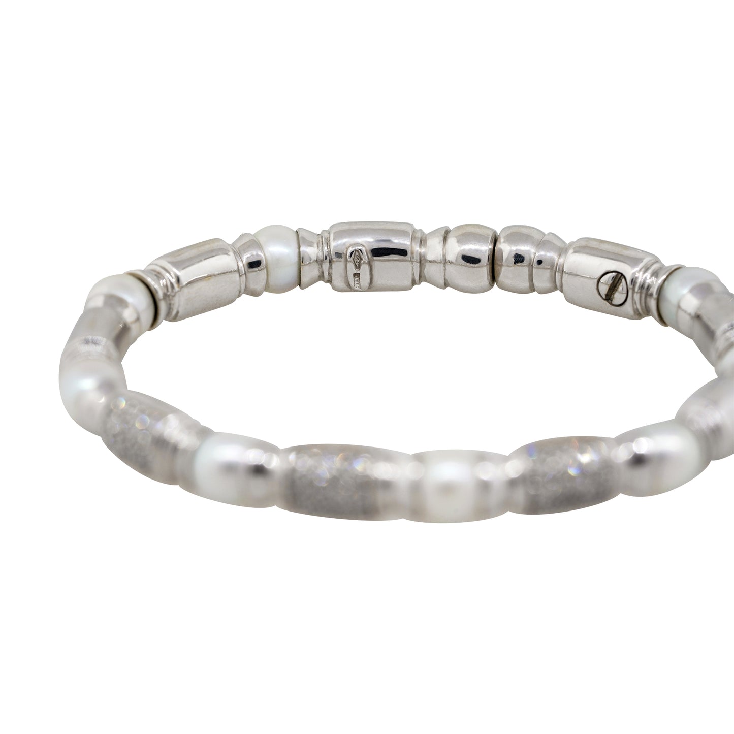 18k White Gold 0.75ctw Diamond Pearl Open Cuff Bangle Bracelet