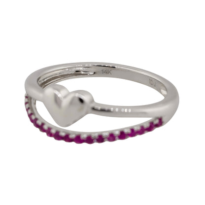 14k White Gold 0.25ctw Round Ruby Heart Shape Double Row Ring