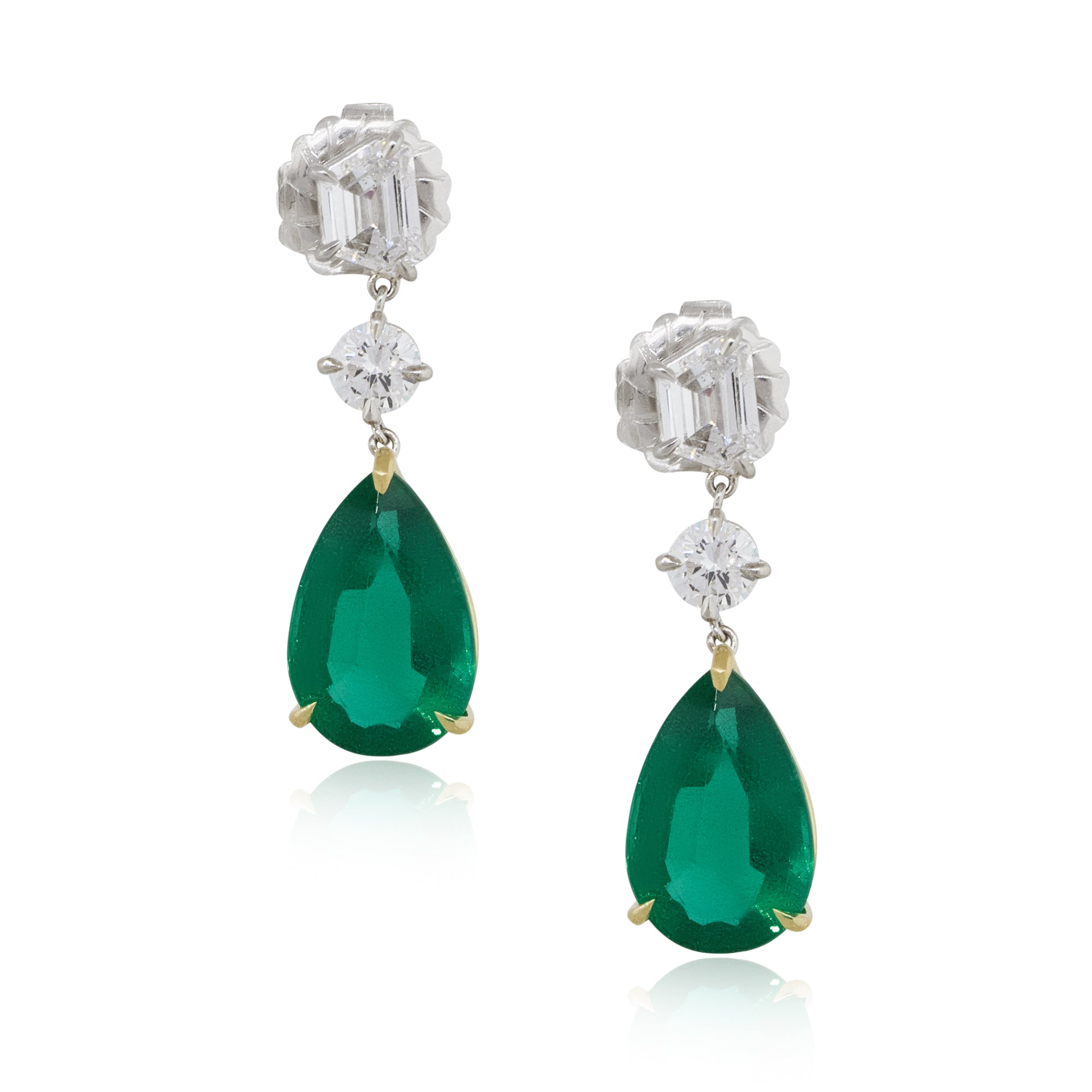 14k White Gold 11.50ct Pear Shape Emerald Diamond Dangle Earrings
