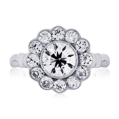 Platinum 1.15ct Old European Cut Diamond Flower Engagement Ring