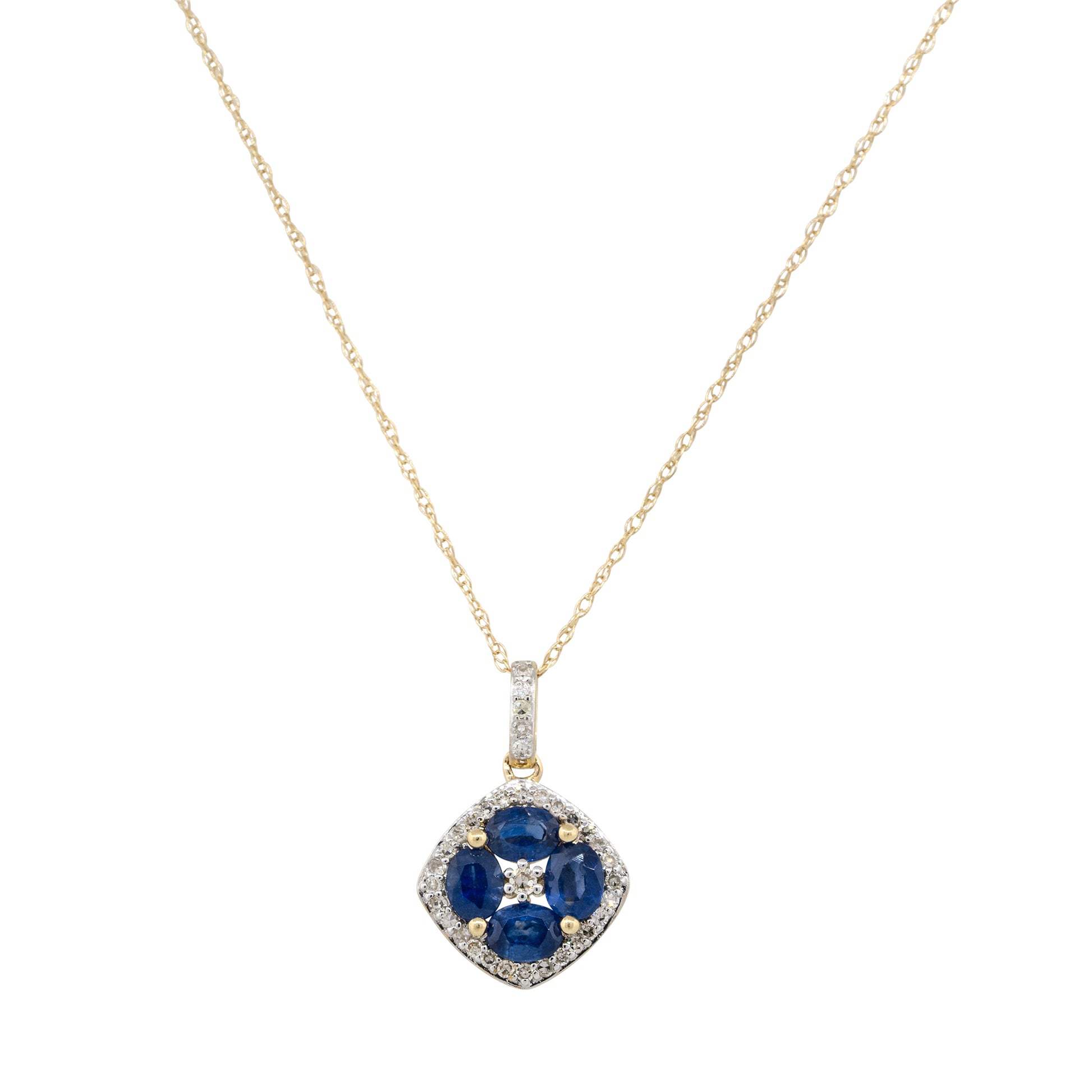 14k Yellow Gold Oval Sapphire Diamond Flower Pendant Necklace
