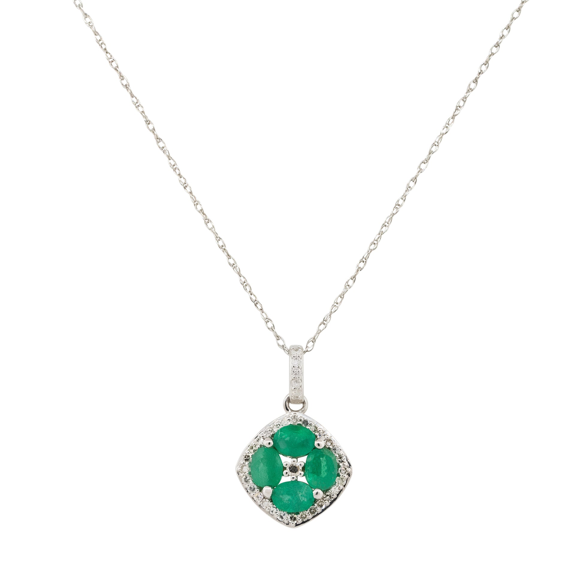 14k White Gold Oval Emerald Diamond Pendant Necklace