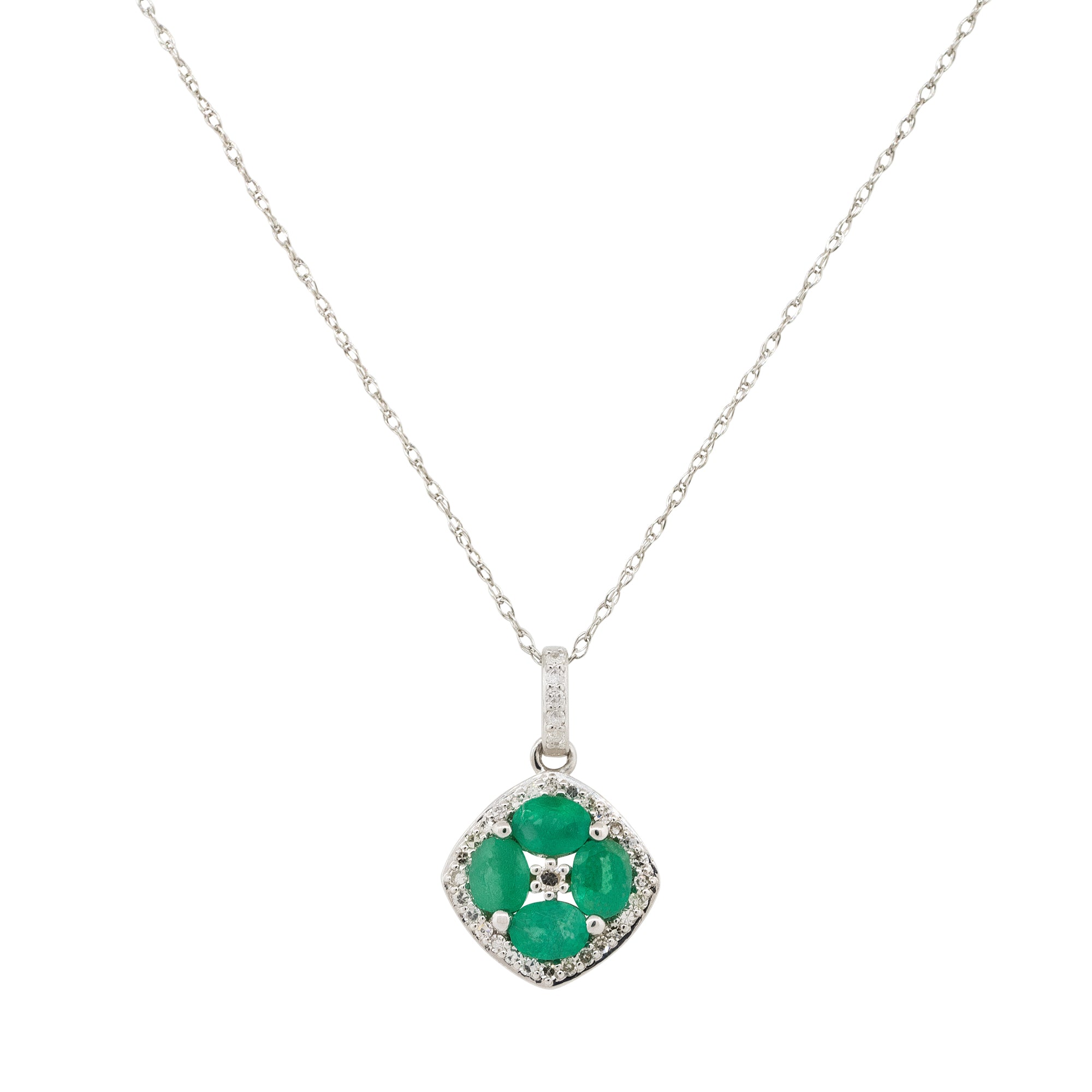 14k White Gold Oval Emerald Diamond Pendant Necklace