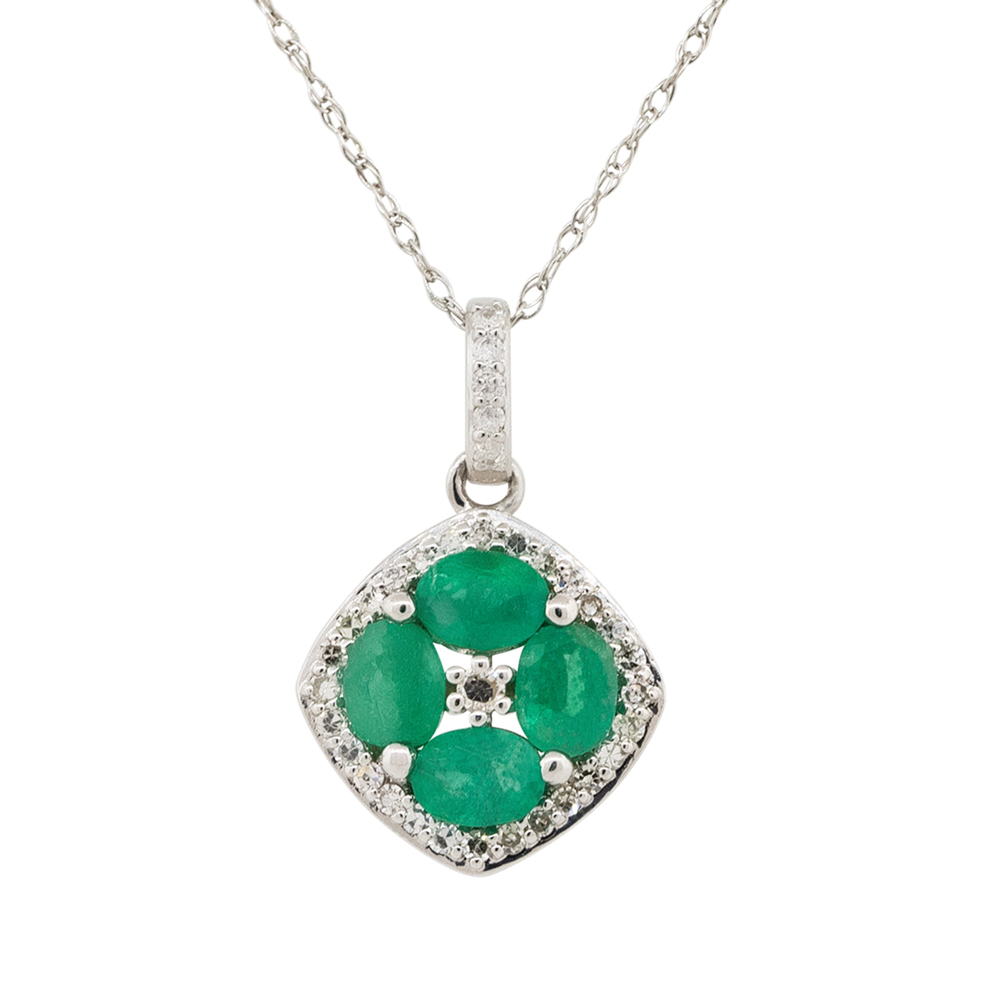 14k White Gold Oval Emerald Diamond Pendant Necklace