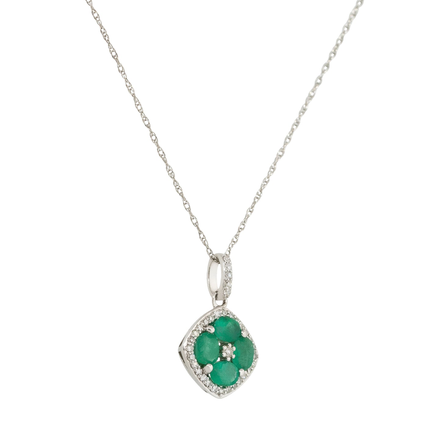 14k White Gold Oval Emerald Diamond Pendant Necklace