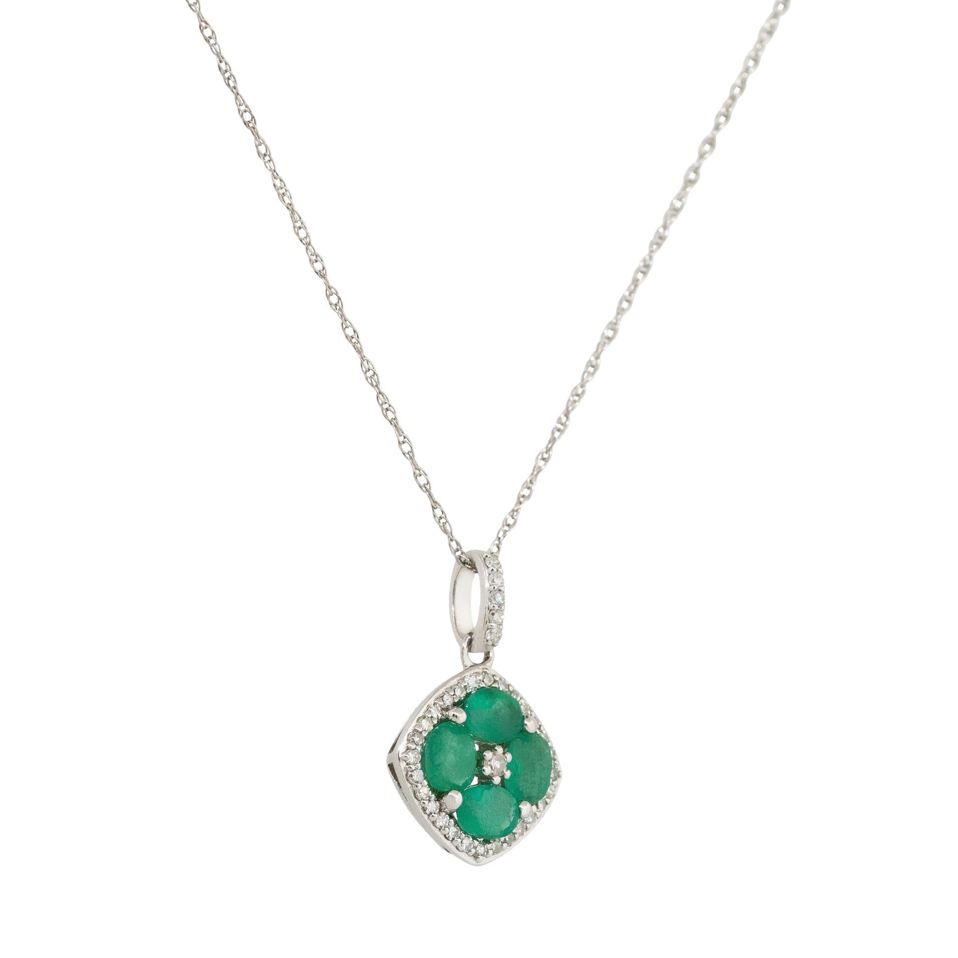 14k White Gold Oval Emerald Diamond Pendant Necklace