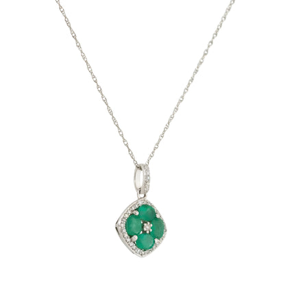 14k White Gold Oval Emerald Diamond Pendant Necklace