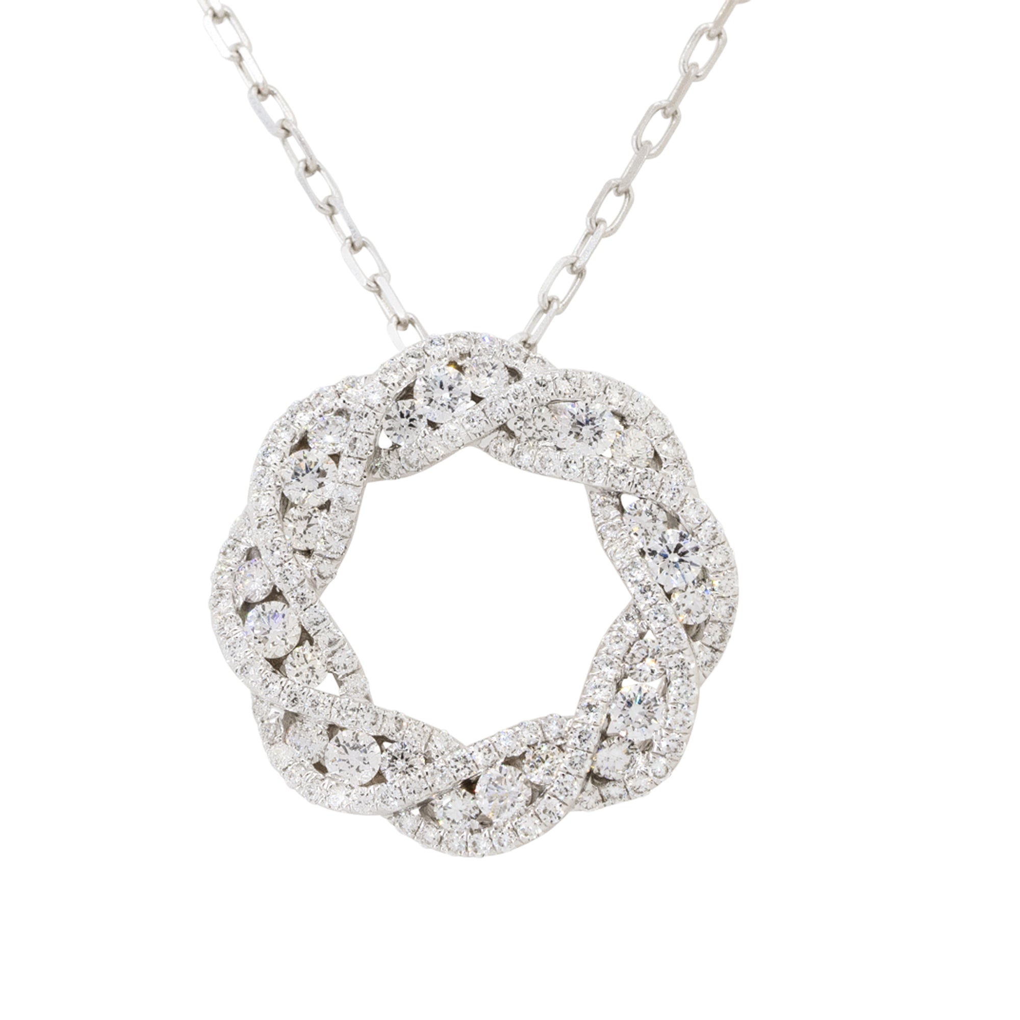 18k White Gold 0.81ctw Diamond Circular Pretzel Pave Pendant Necklace
