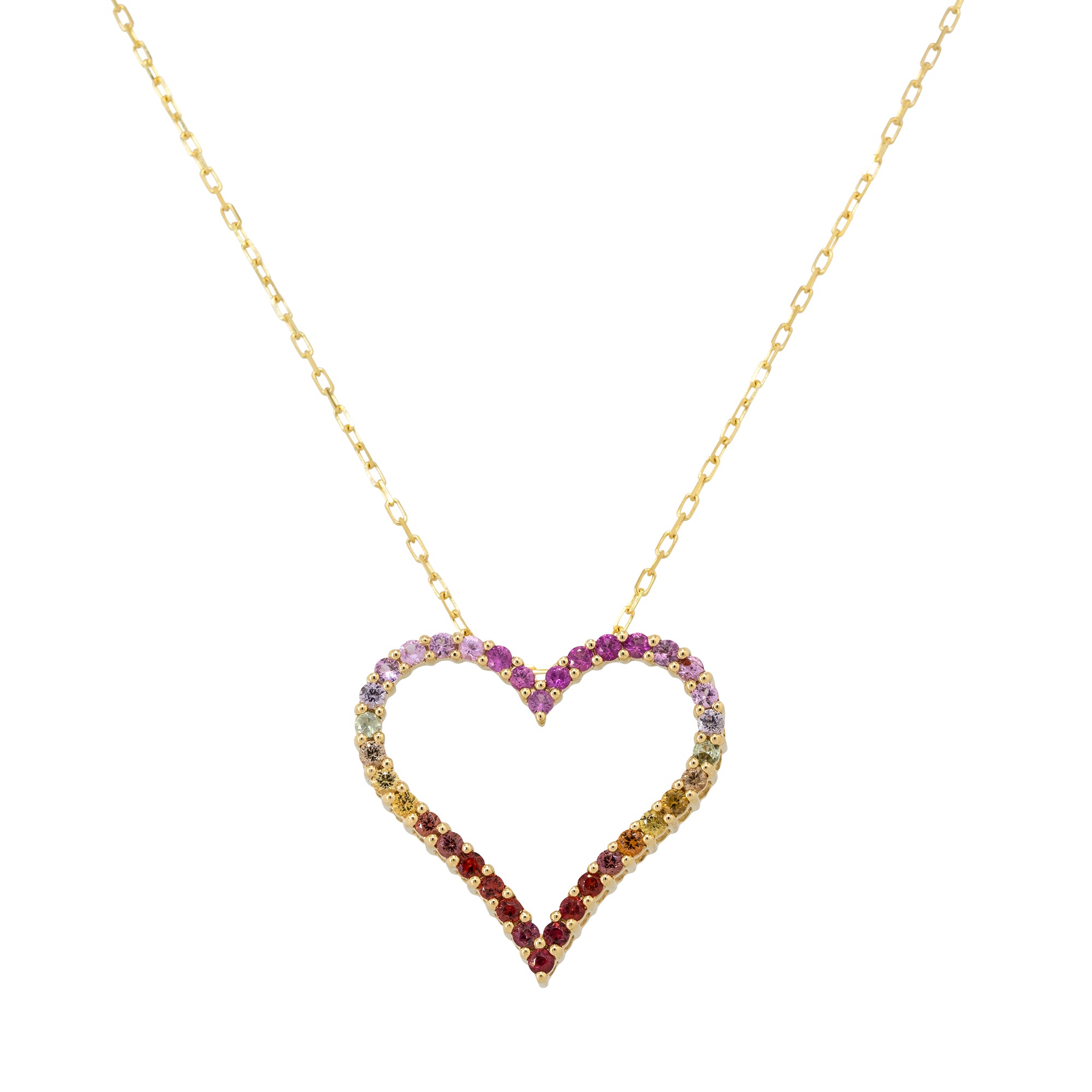 18k Yellow Gold Multi Color Sapphire Open Heart Pendant Necklace
