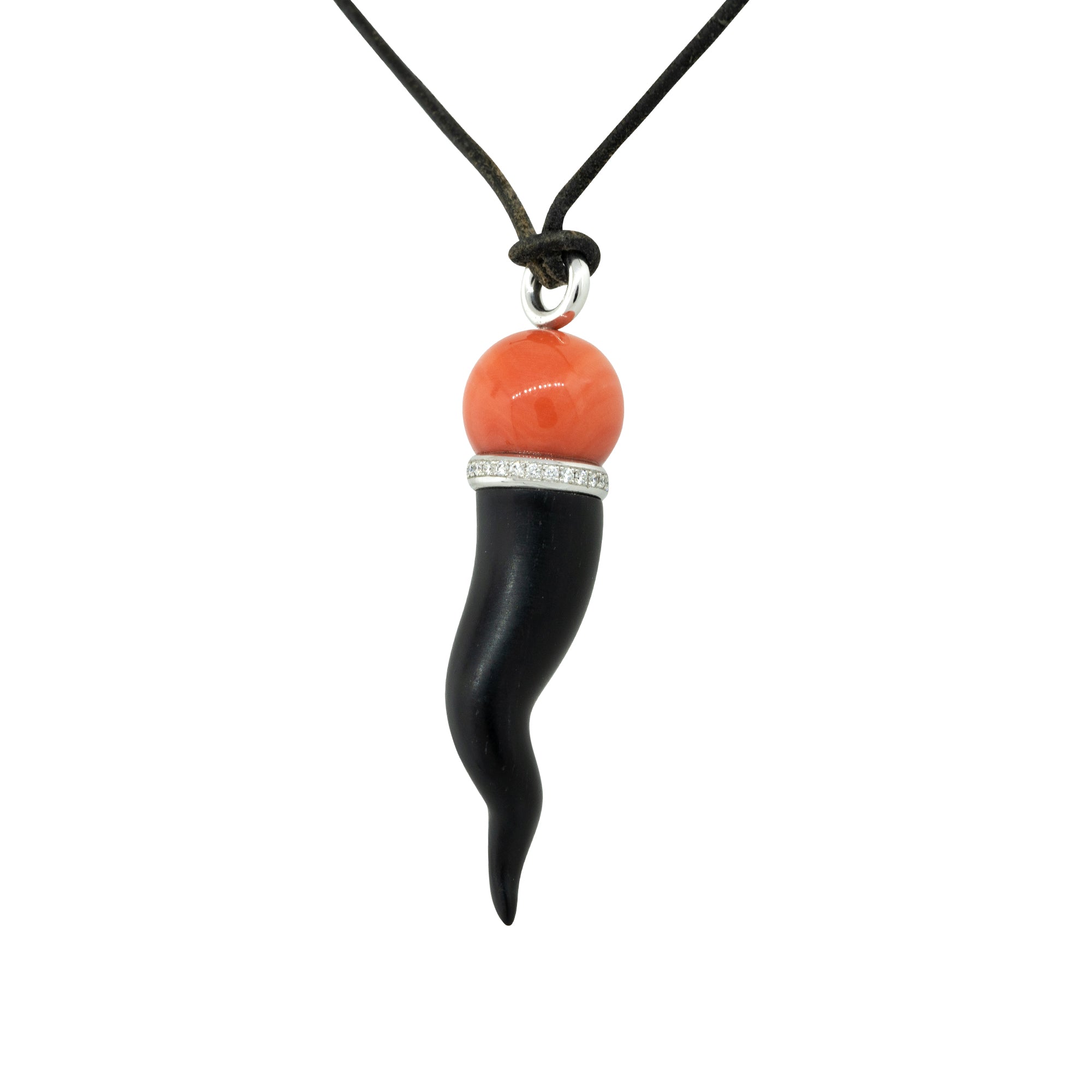 18k White Gold 0.36ctw Diamond, Coral, and Ebony Italian Horn Pendant Necklace