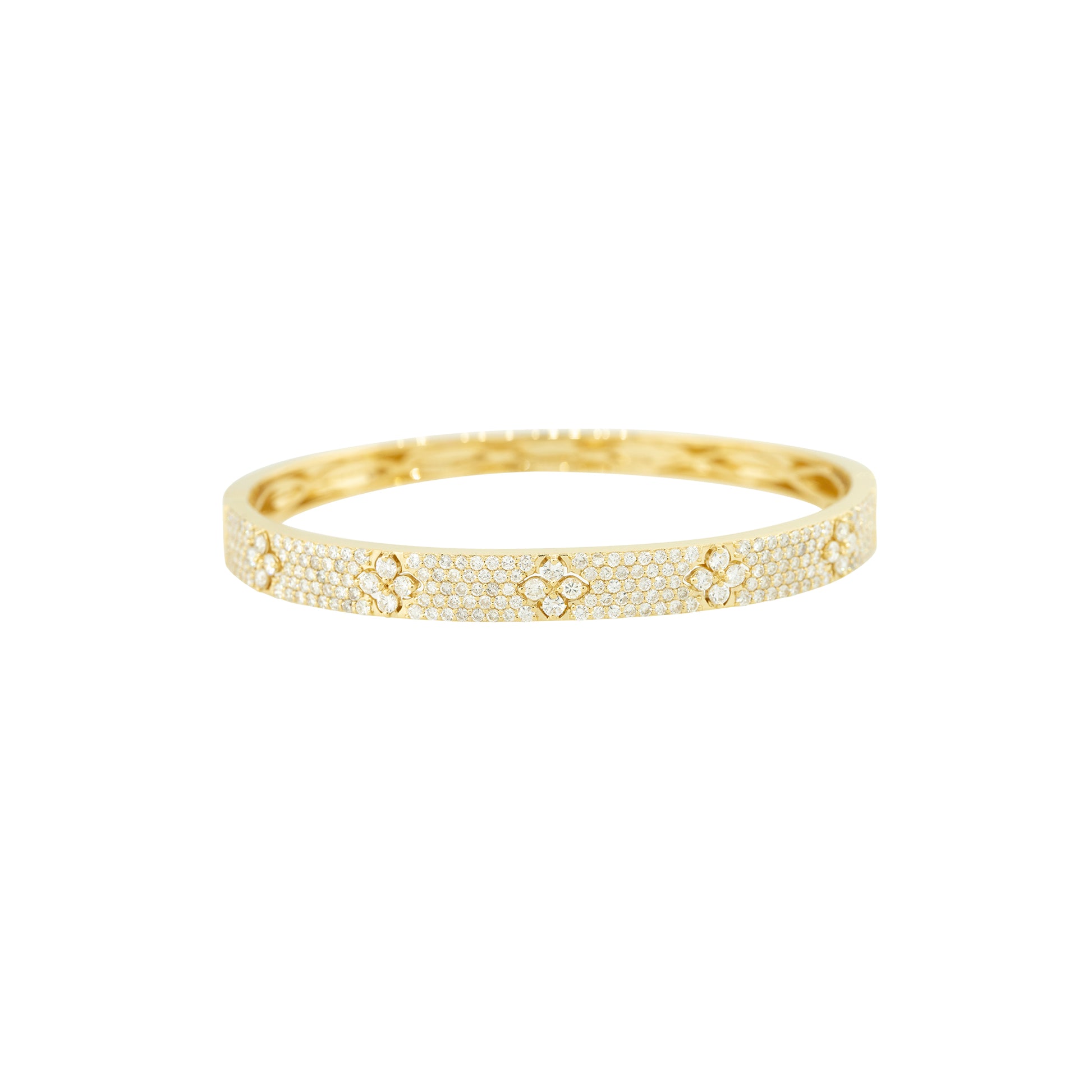18k Yellow Gold 2.42ctw Pave Diamond 5 Flower Bar Bangle
