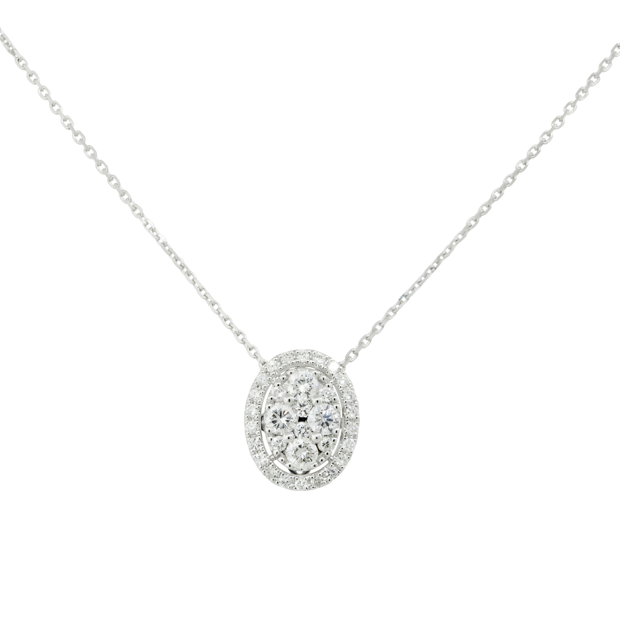 18k White Gold 0.85ctw Pave Diamond Oval Shaped Pendant Necklace