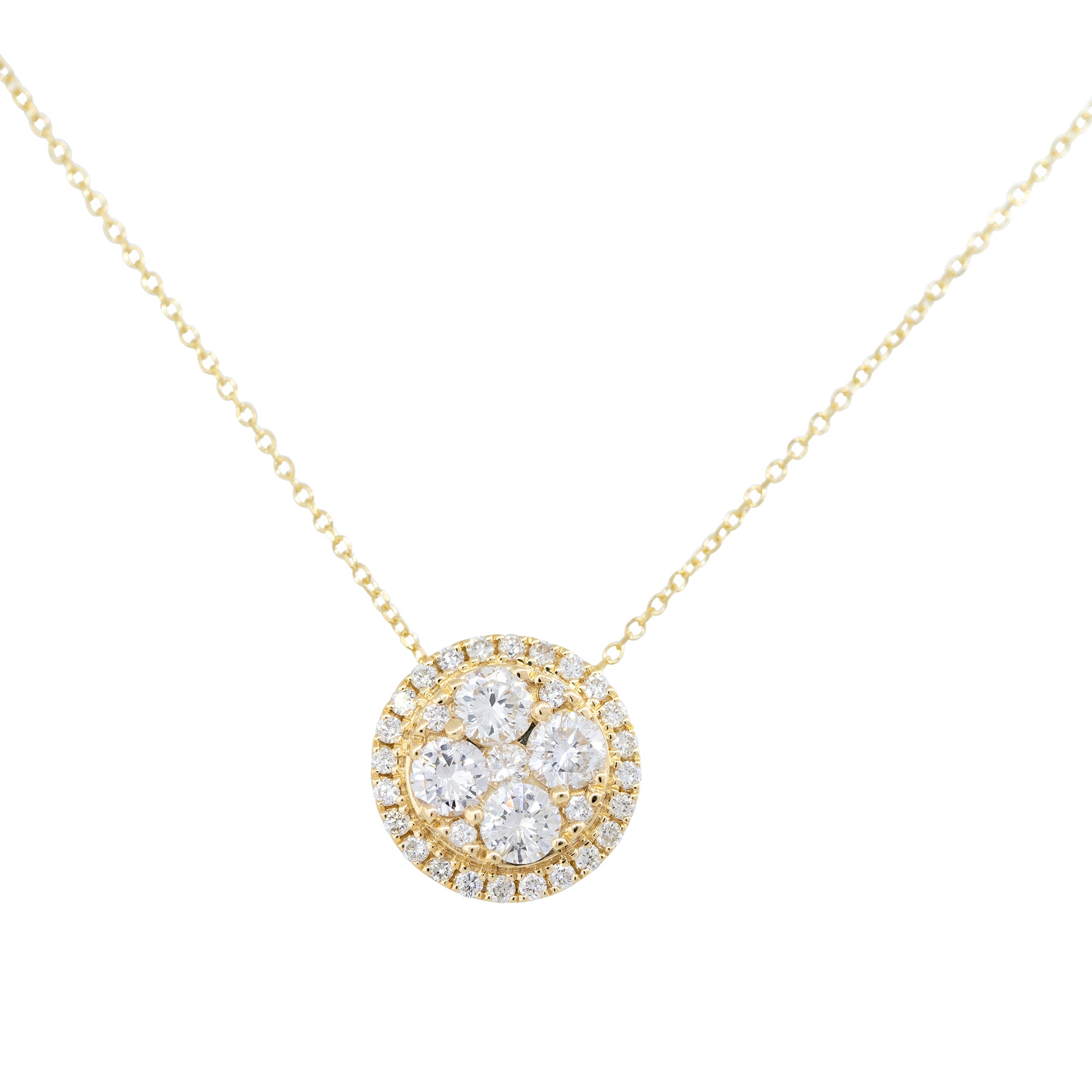 18k Yellow Gold 1.05ctw Cluster Diamond Round Pendant Necklace