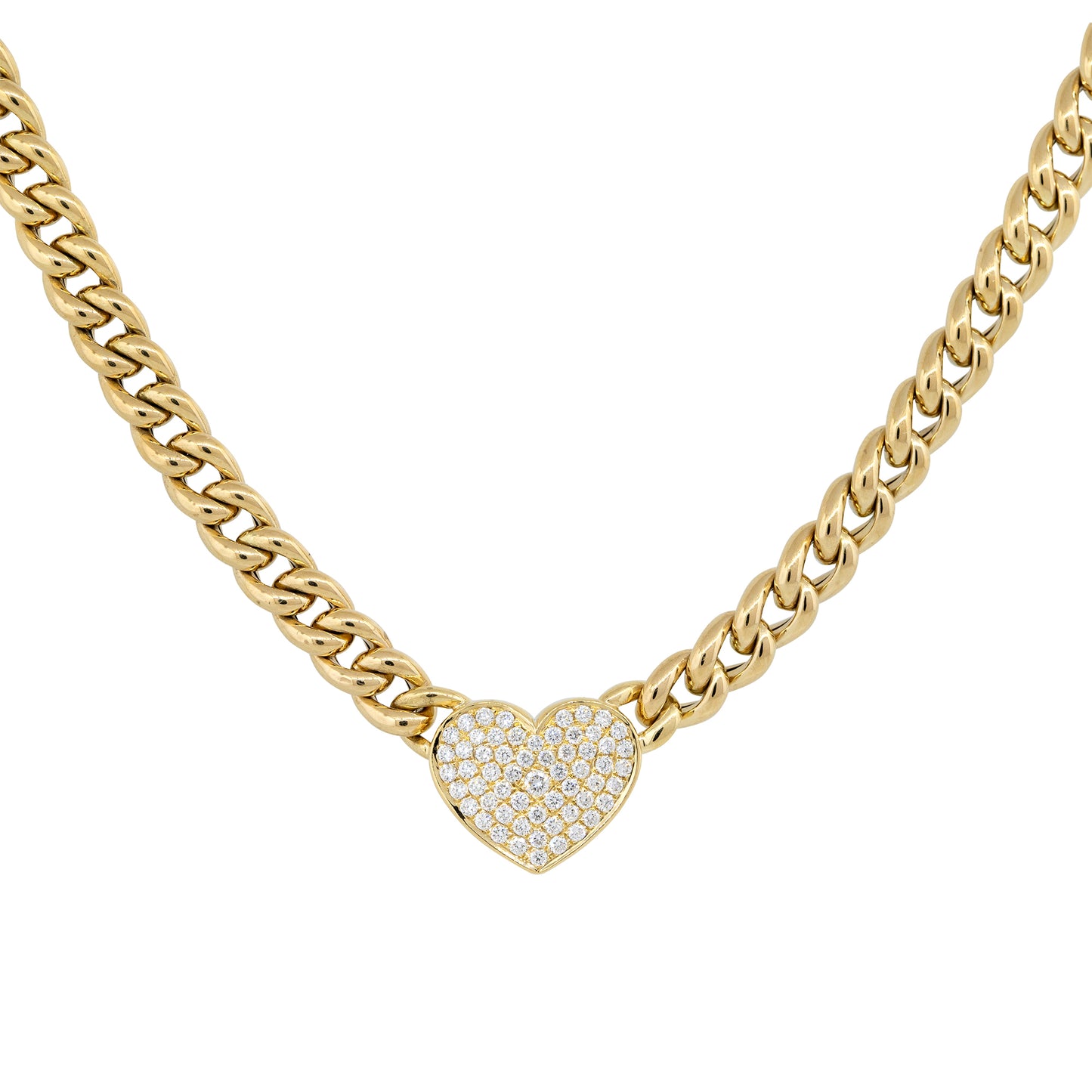 18k Yellow Gold 0.67ctw Pave Diamond Heart on Curb Link Necklace