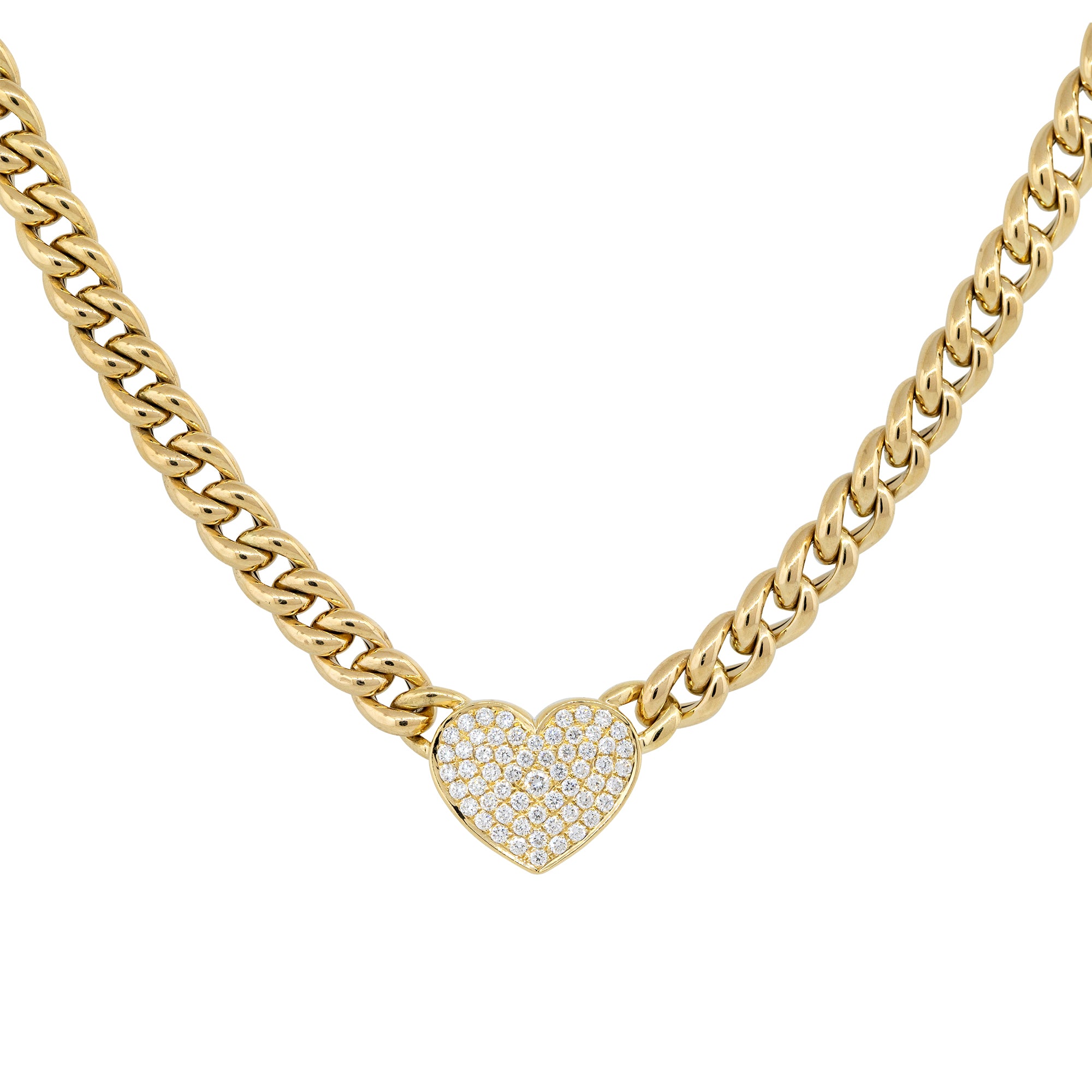 18k Yellow Gold 0.67ctw Pave Diamond Heart on Curb Link Necklace