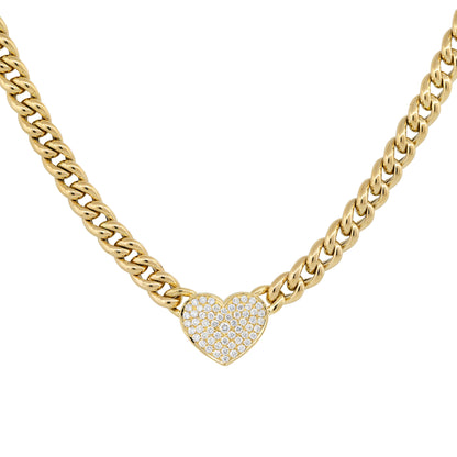 18k Yellow Gold 0.67ctw Pave Diamond Heart on Curb Link Necklace