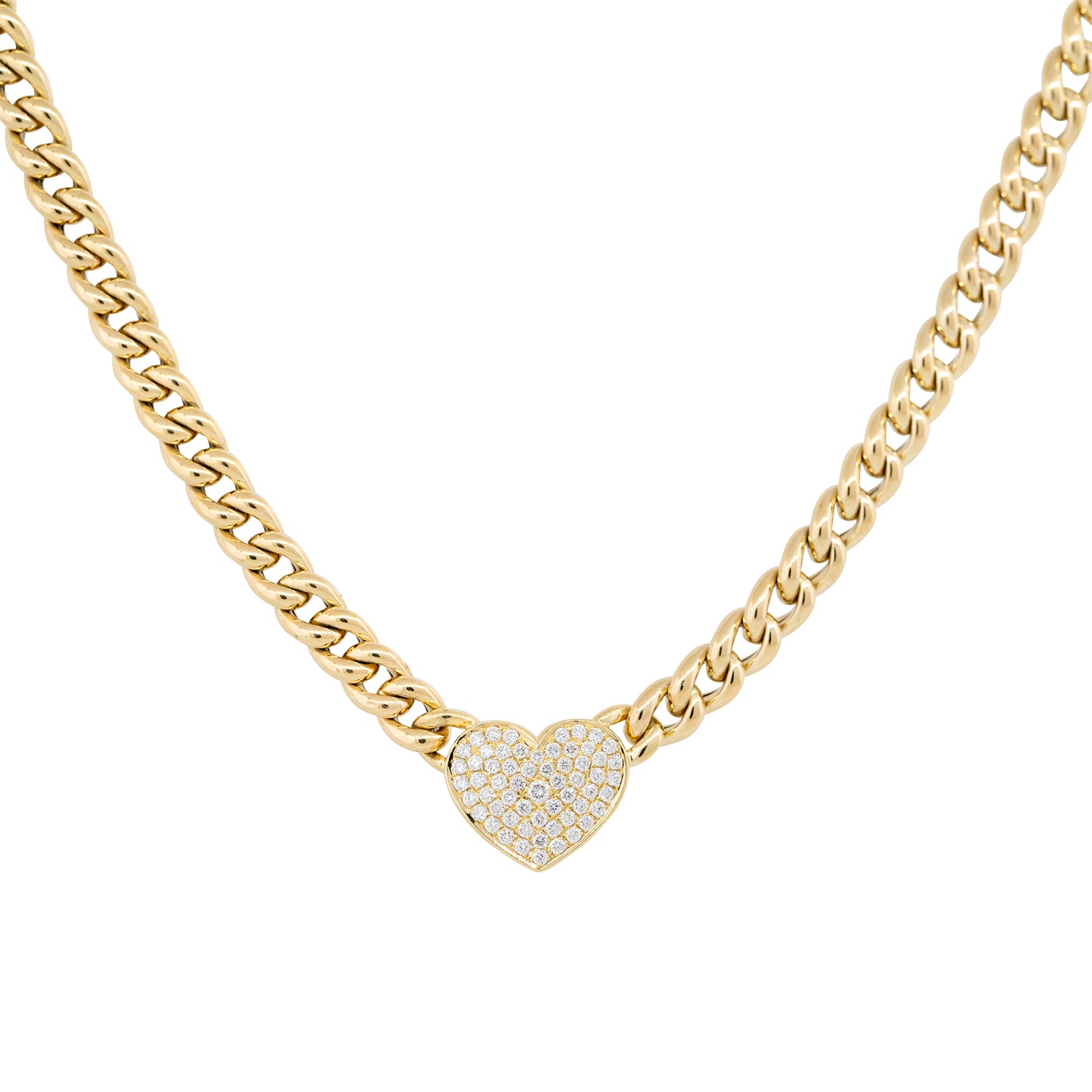18k Yellow Gold 0.67ctw Pave Diamond Heart on Curb Link Necklace