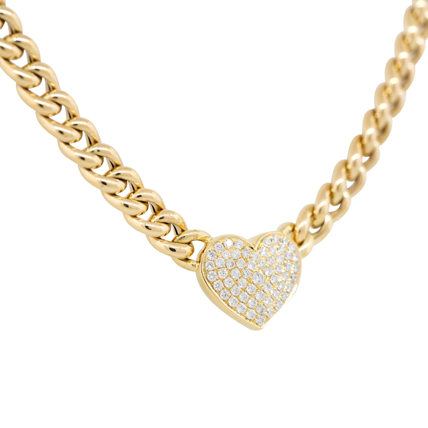 18k Yellow Gold 0.67ctw Pave Diamond Heart on Curb Link Necklace