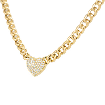18k Yellow Gold 0.67ctw Pave Diamond Heart on Curb Link Necklace