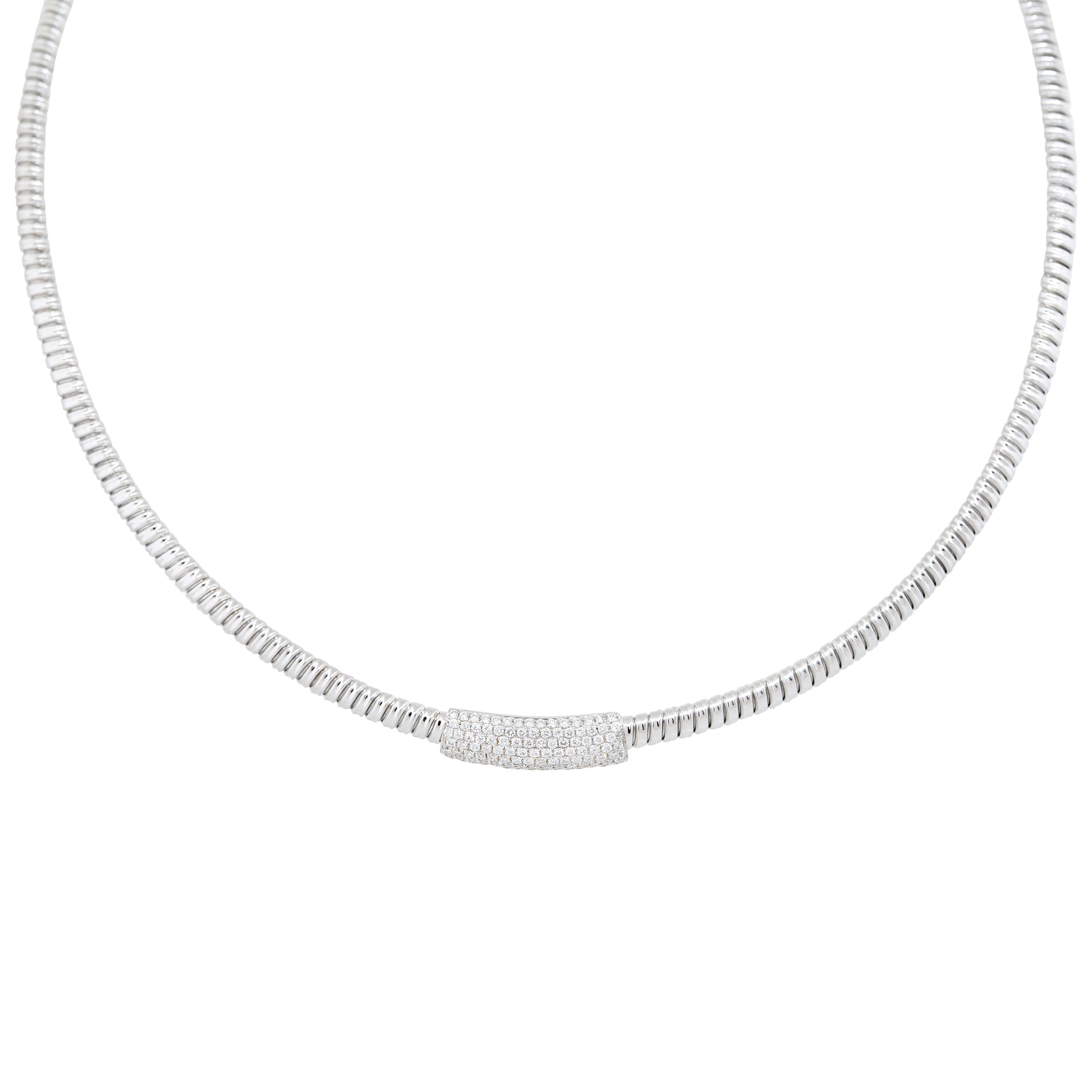18k White Gold 0.60ctw Diamond Bar Ribbed Collar Necklace