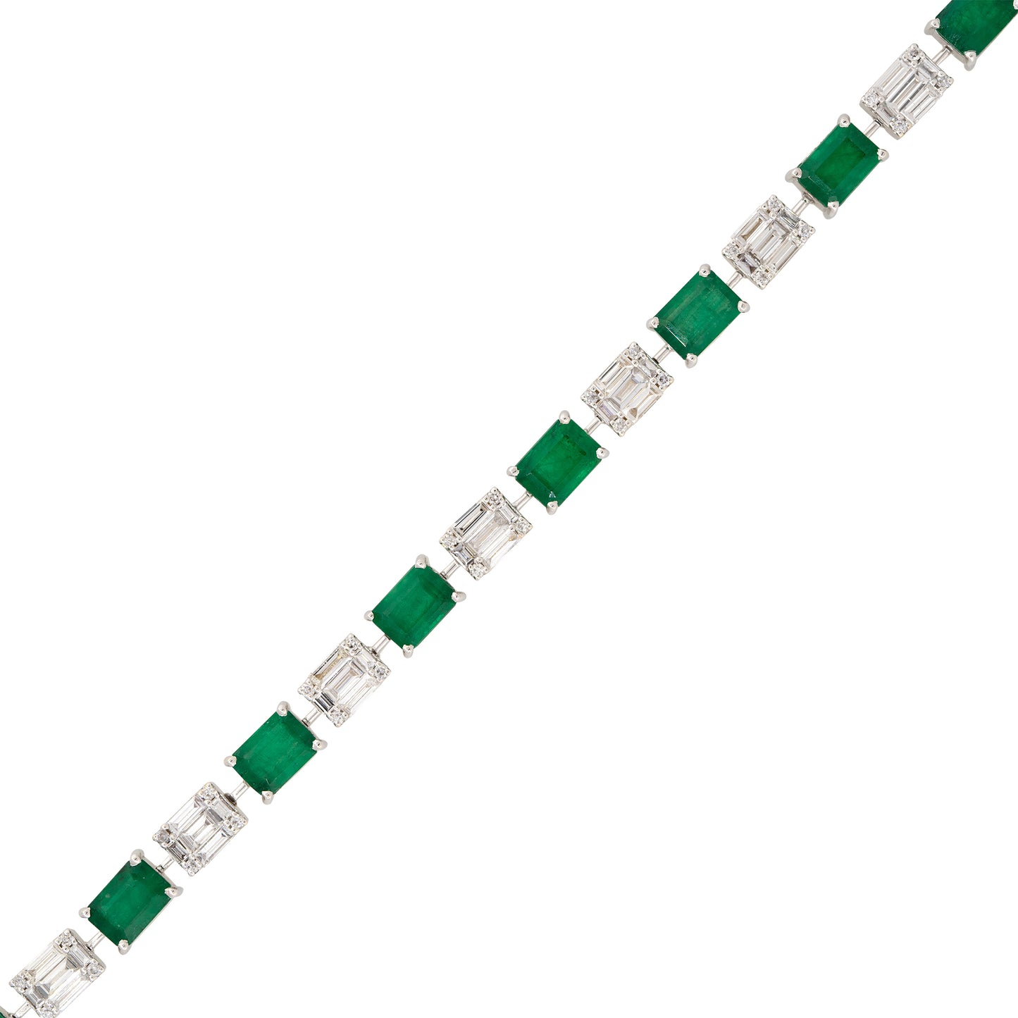 18k White Gold Natural 2.8 Carat Diamond Mosaic & Emerald Alternating Bracelet