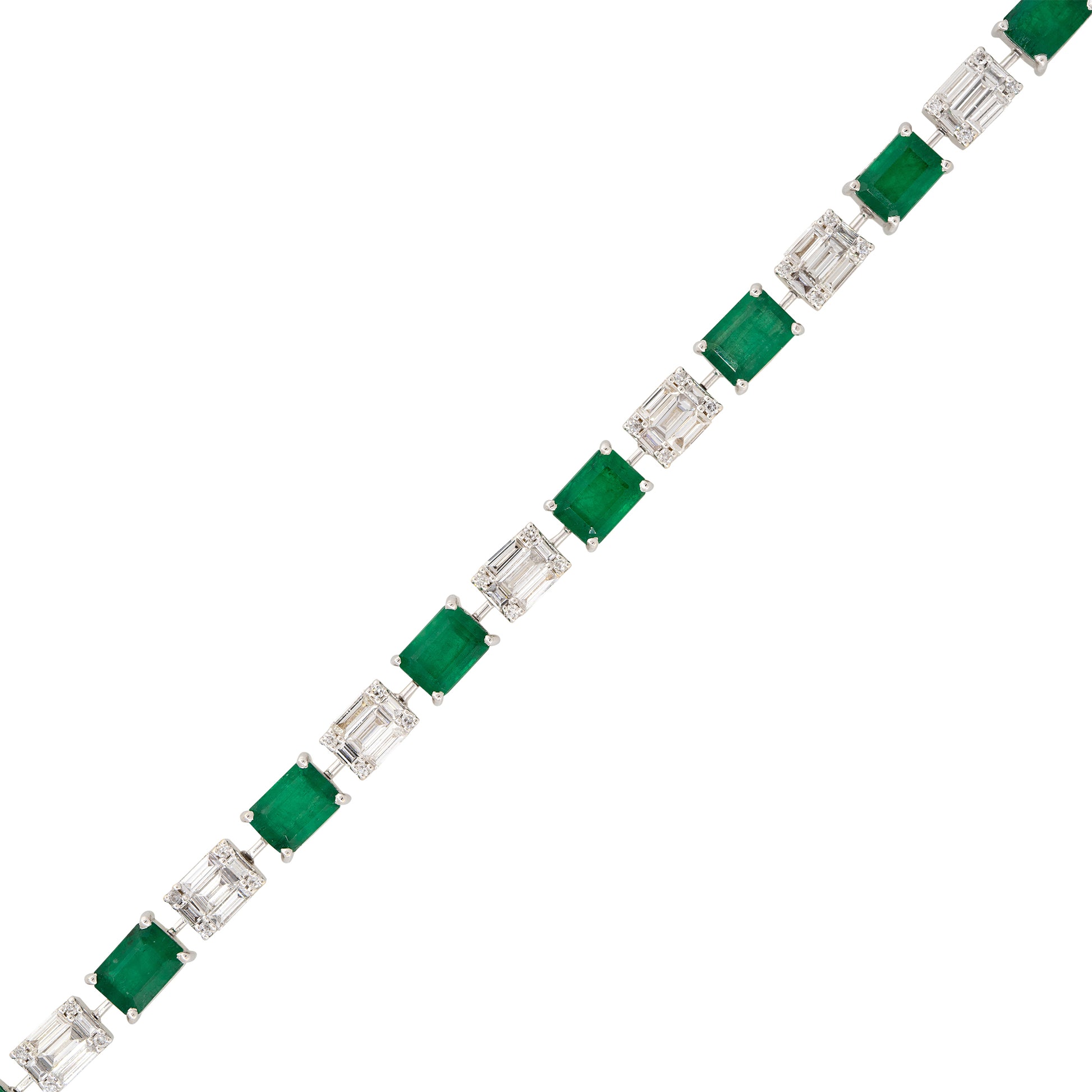 18k White Gold Natural 2.8 Carat Diamond Mosaic & Emerald Alternating Bracelet