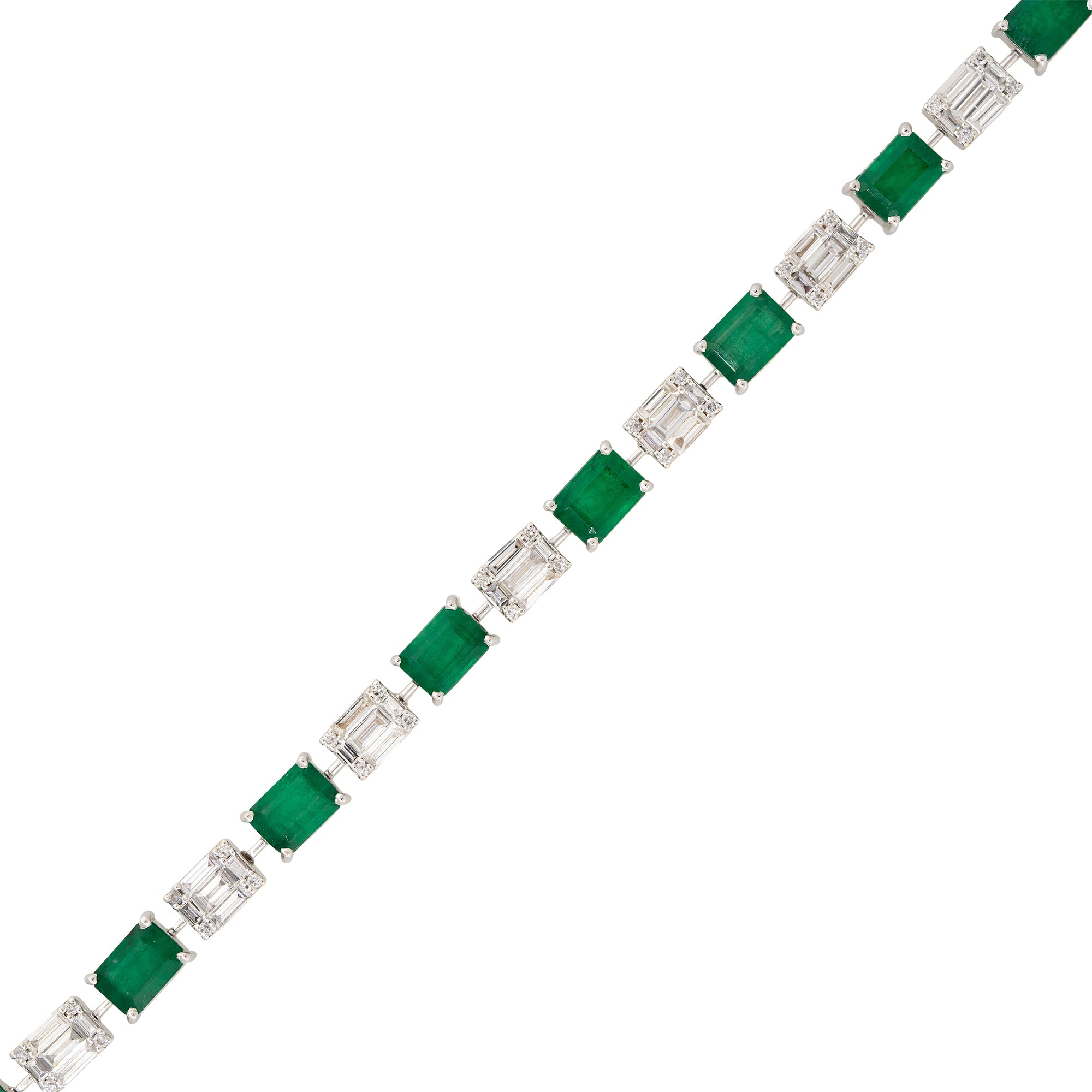 18k White Gold Natural 2.8 Carat Diamond Mosaic & Emerald Alternating Bracelet