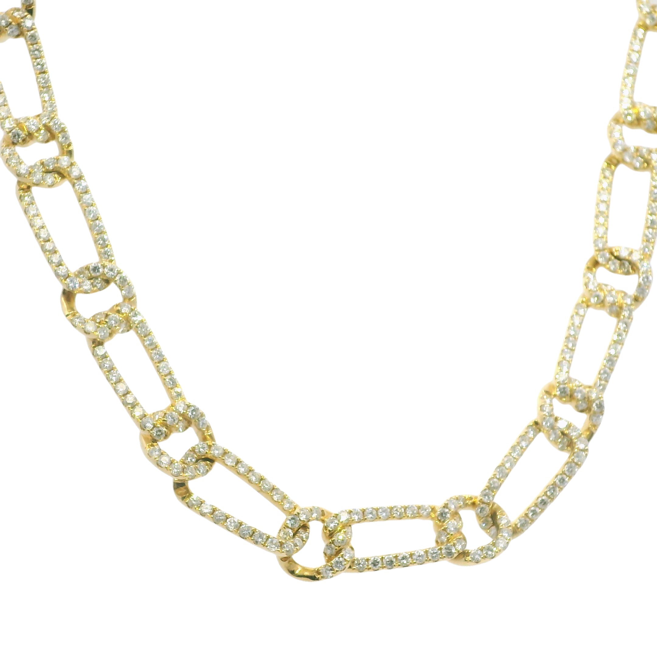 18k Yellow Gold Natural 10.9 Carat Diamond Pave Interlocking Link Necklace