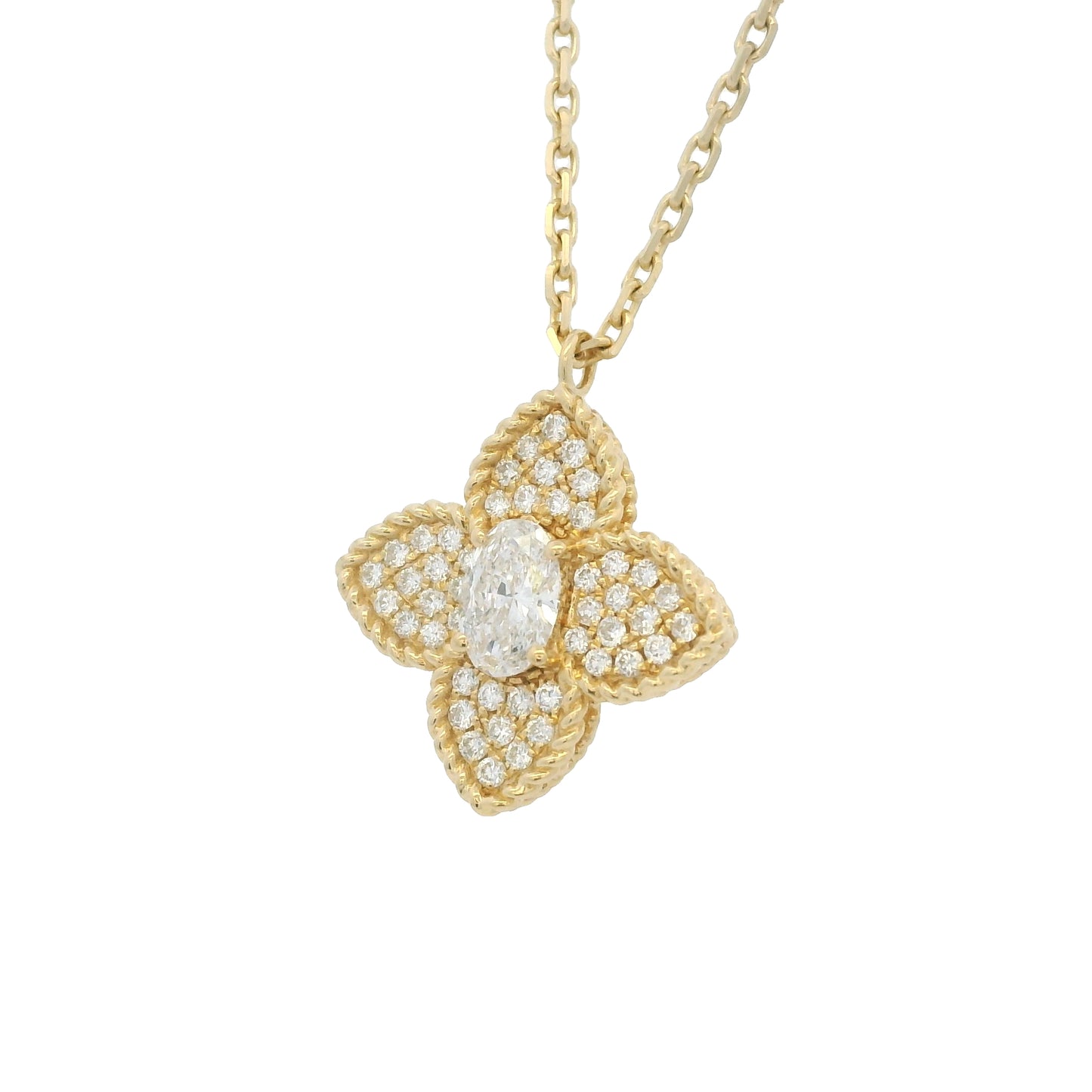 18k Yellow Gold Oval Shape Diamond Pave Clover Pendant Necklace