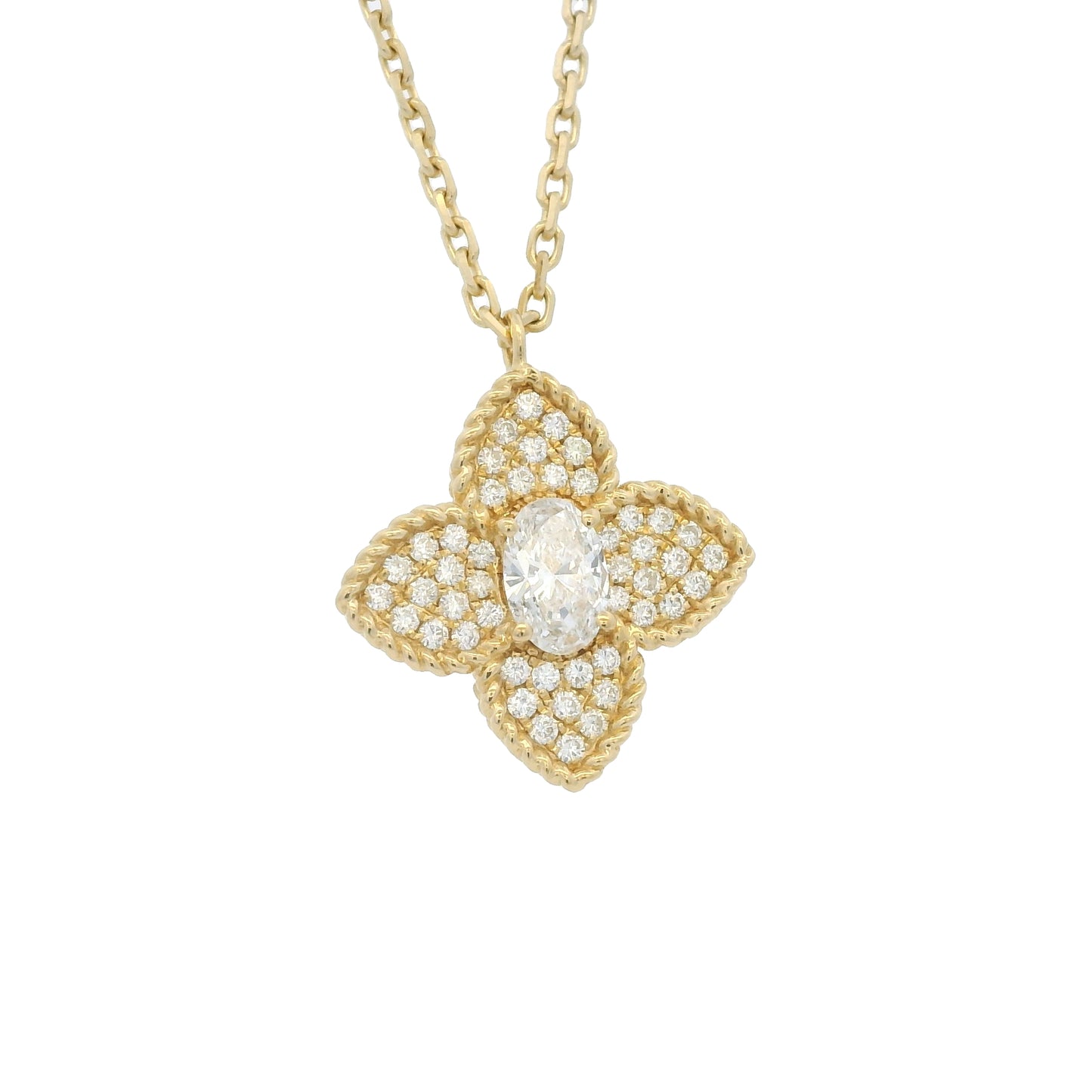 18k Yellow Gold Oval Shape Diamond Pave Clover Pendant Necklace