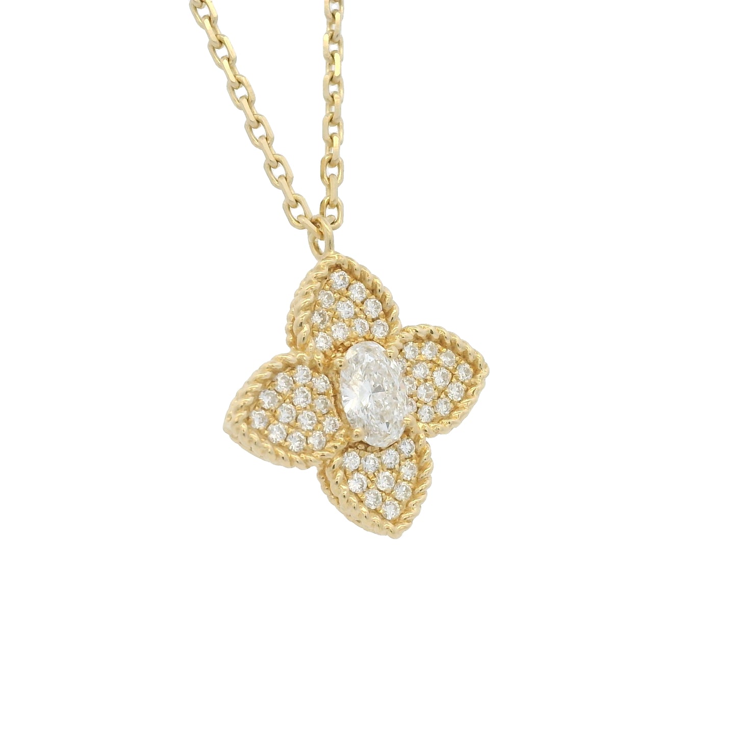 18k Yellow Gold Oval Shape Diamond Pave Clover Pendant Necklace