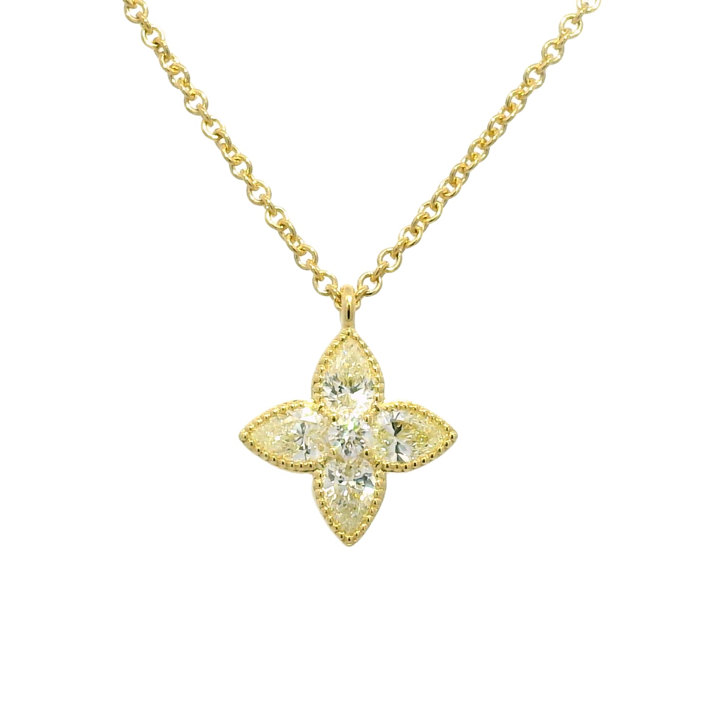 18k Yellow Gold Natural 1.20 Carat Diamond 4 Leaf Flower Pendant Necklace