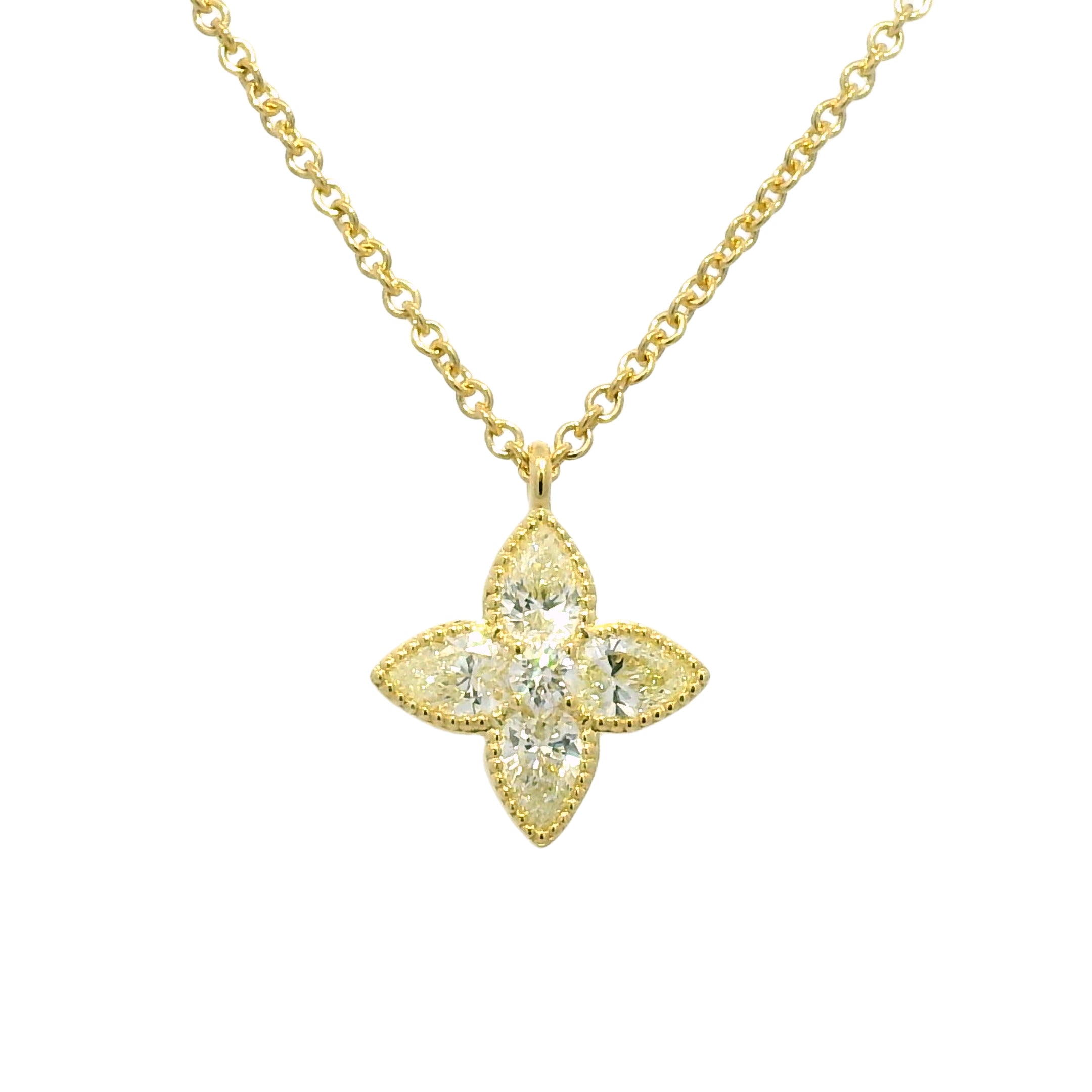 18k Yellow Gold Natural 1.20 Carat Diamond 4 Leaf Flower Pendant Necklace