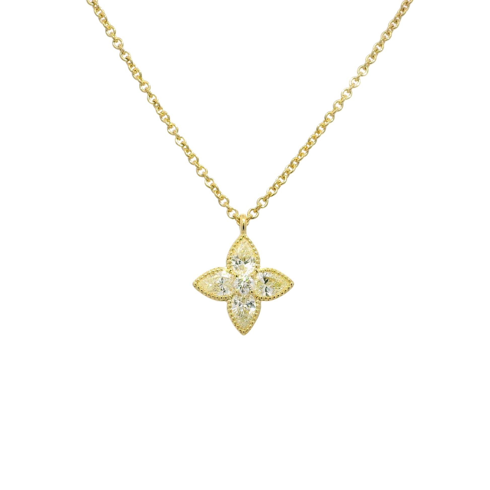18k Yellow Gold Natural 1.20 Carat Diamond 4 Leaf Flower Pendant Necklace