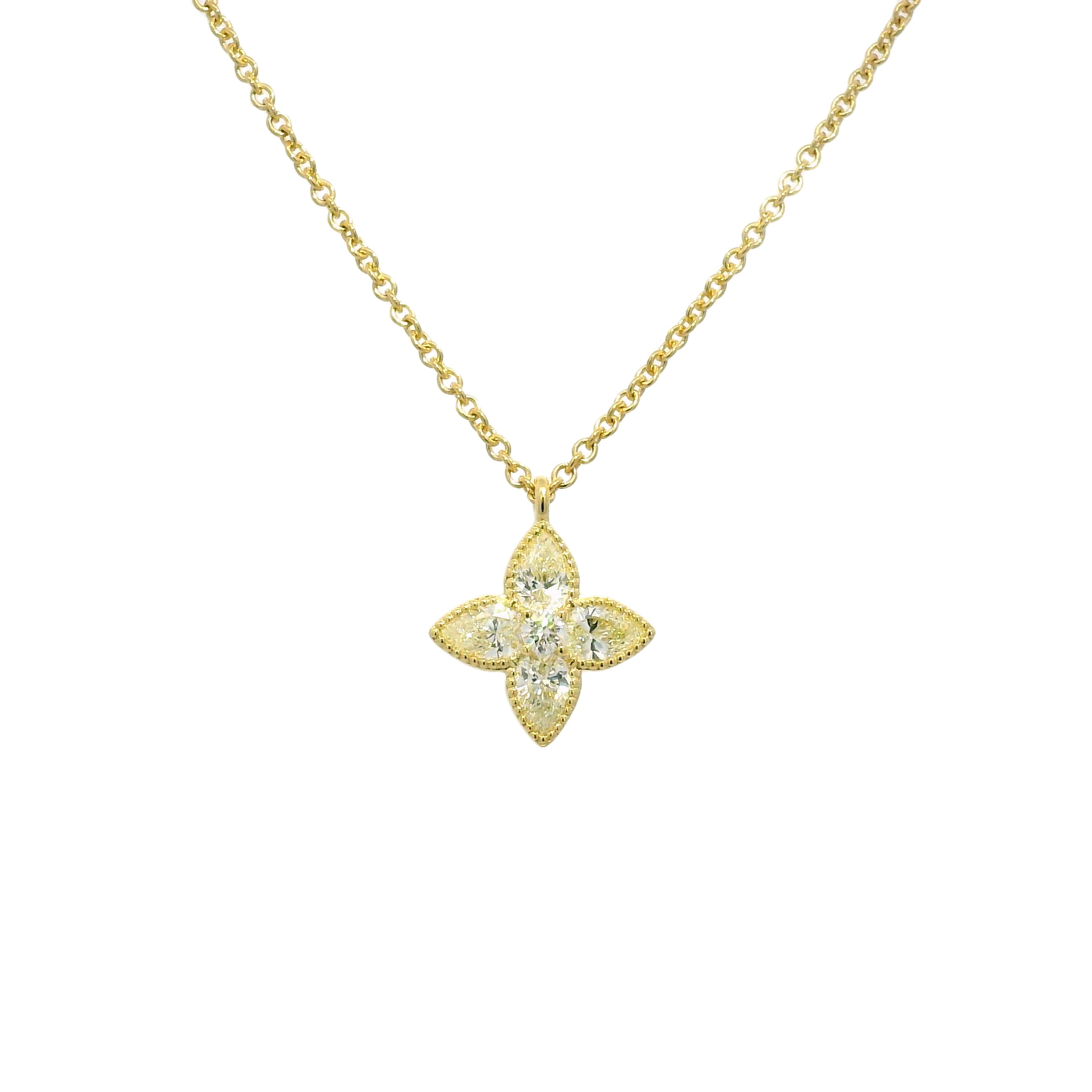 18k Yellow Gold Natural 1.20 Carat Diamond 4 Leaf Flower Pendant Necklace
