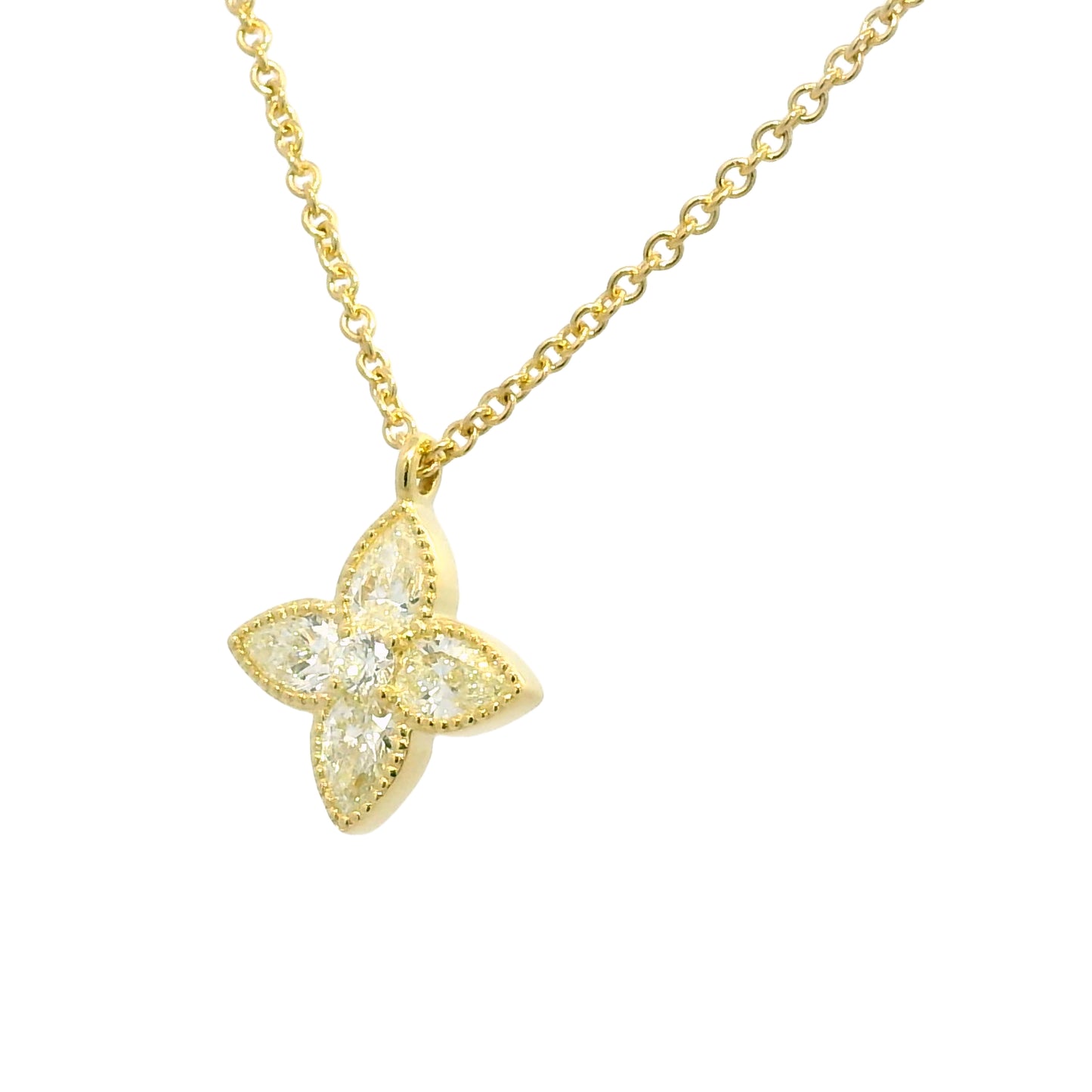 18k Yellow Gold Natural 1.20 Carat Diamond 4 Leaf Flower Pendant Necklace