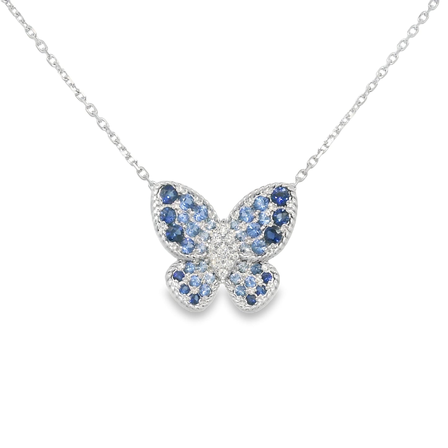 14k White Gold Natural Sapphire & Diamond Butterfly Pendant Necklace