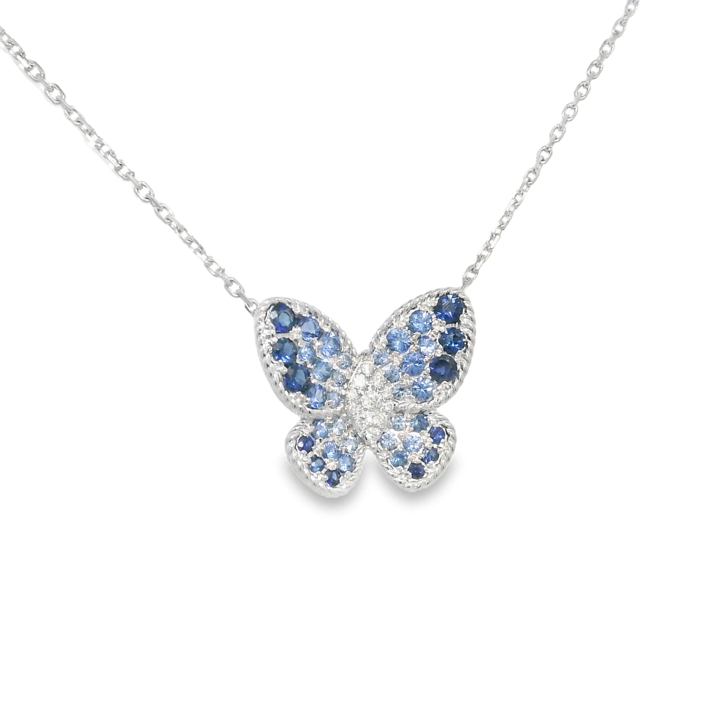 14k White Gold Natural Sapphire & Diamond Butterfly Pendant Necklace