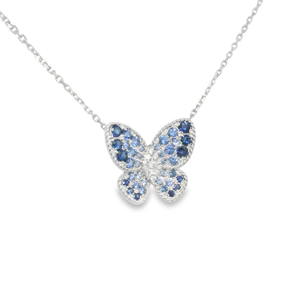 14k White Gold Natural Sapphire & Diamond Butterfly Pendant Necklace