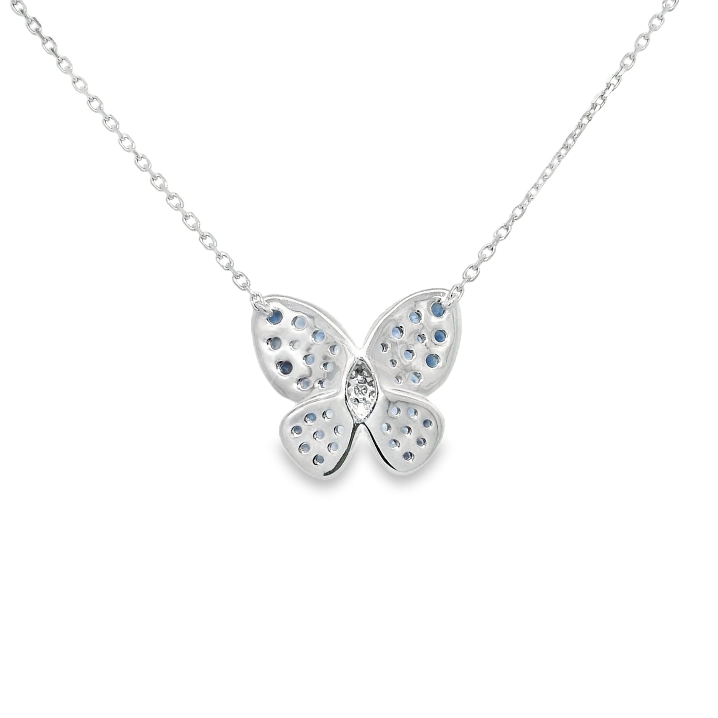 14k White Gold Natural Sapphire & Diamond Butterfly Pendant Necklace