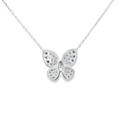 14k White Gold Natural Sapphire & Diamond Butterfly Pendant Necklace