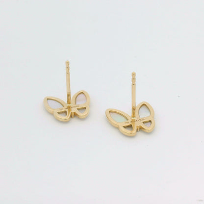 18k Yellow Gold White Mother of Pearl & Diamond Butterfly Stud Earrings