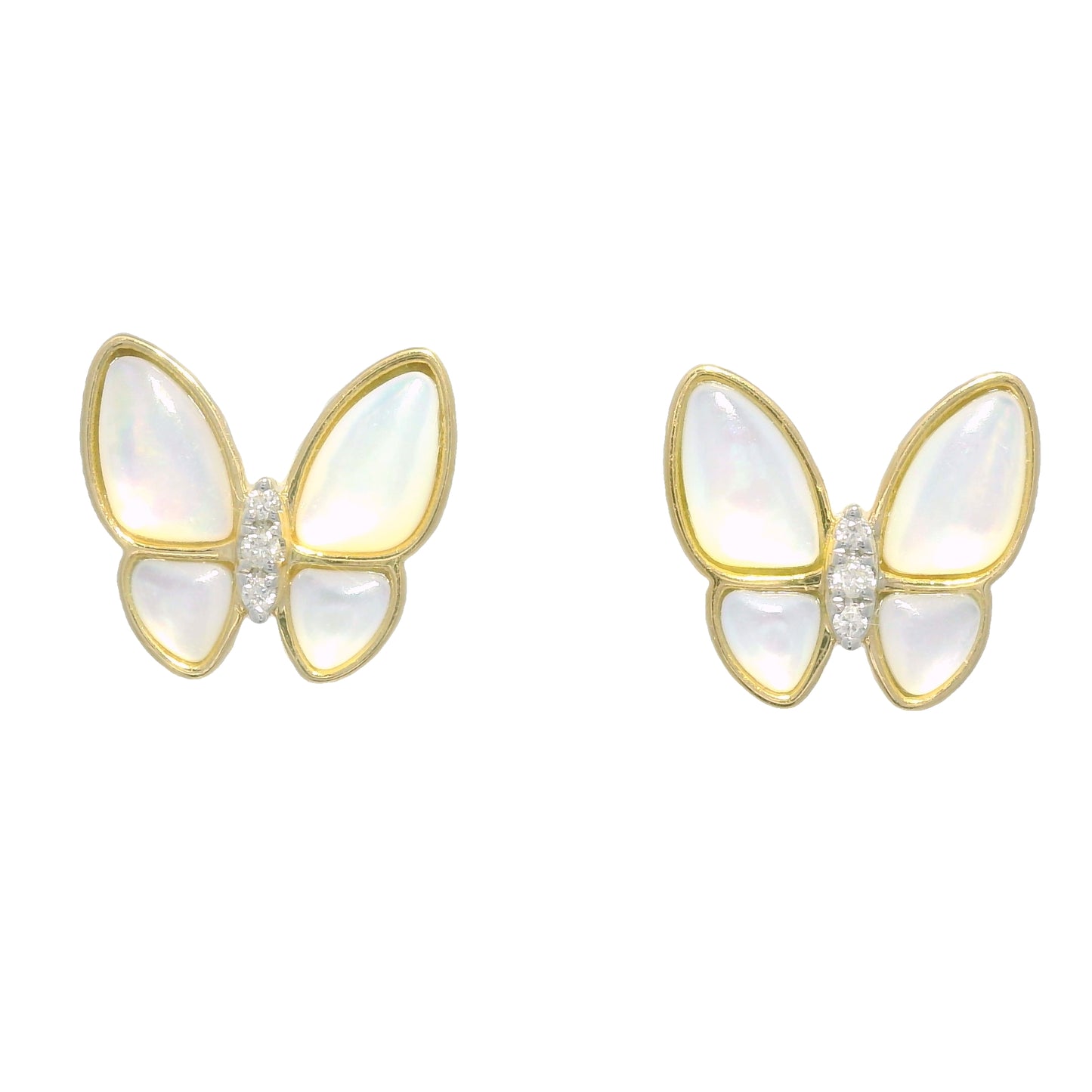 18k Yellow Gold White Mother of Pearl & Diamond Butterfly Stud Earrings