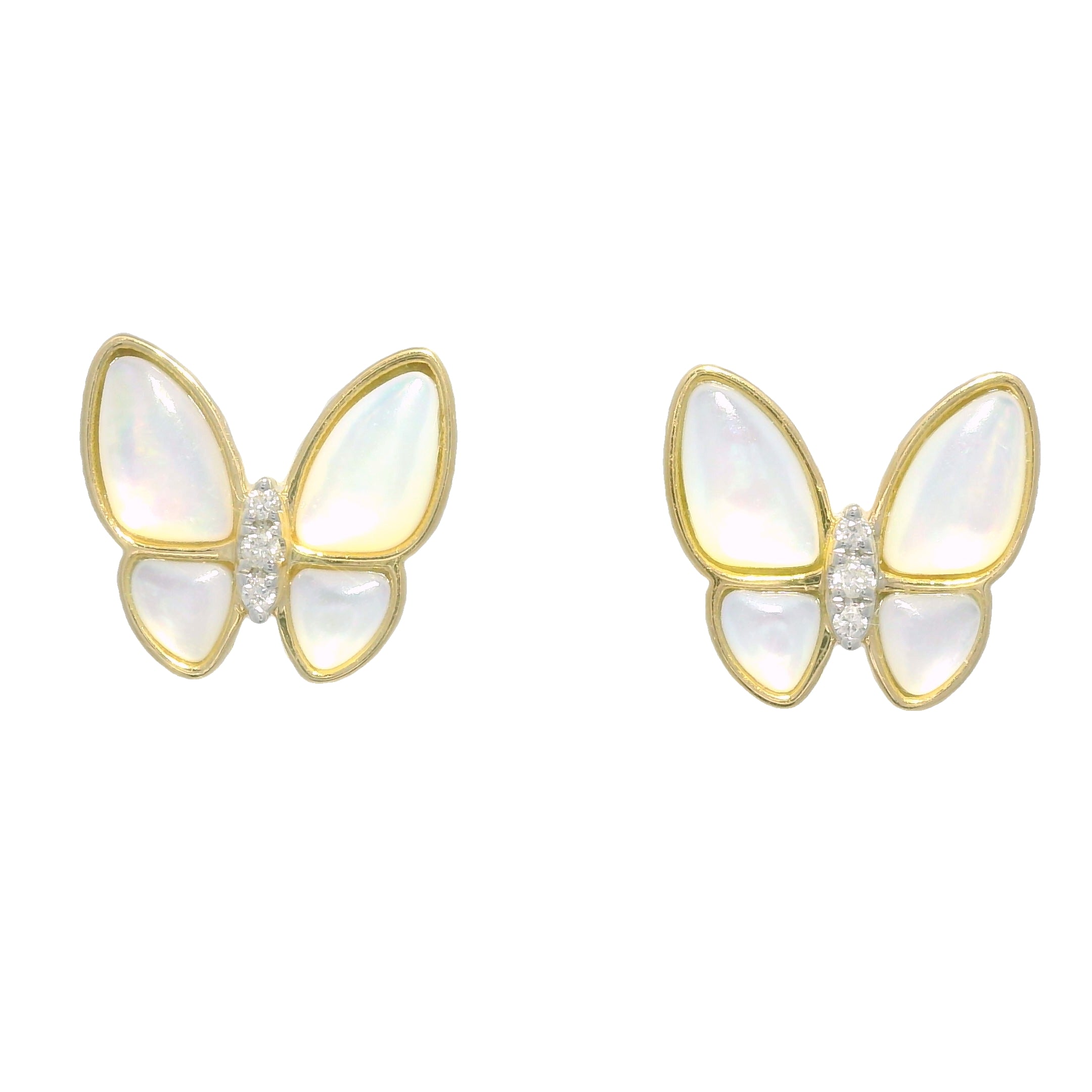 18k Yellow Gold White Mother of Pearl & Diamond Butterfly Stud Earrings