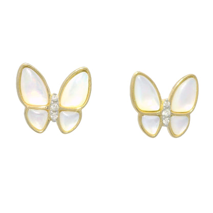 18k Yellow Gold White Mother of Pearl & Diamond Butterfly Stud Earrings