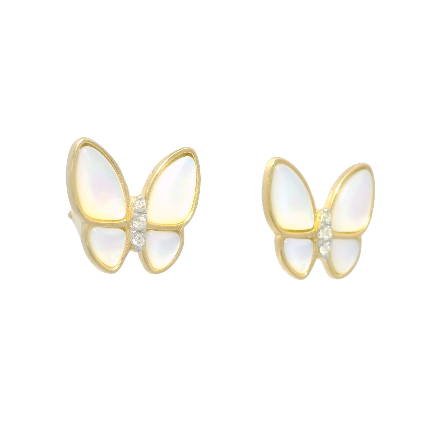 18k Yellow Gold White Mother of Pearl & Diamond Butterfly Stud Earrings