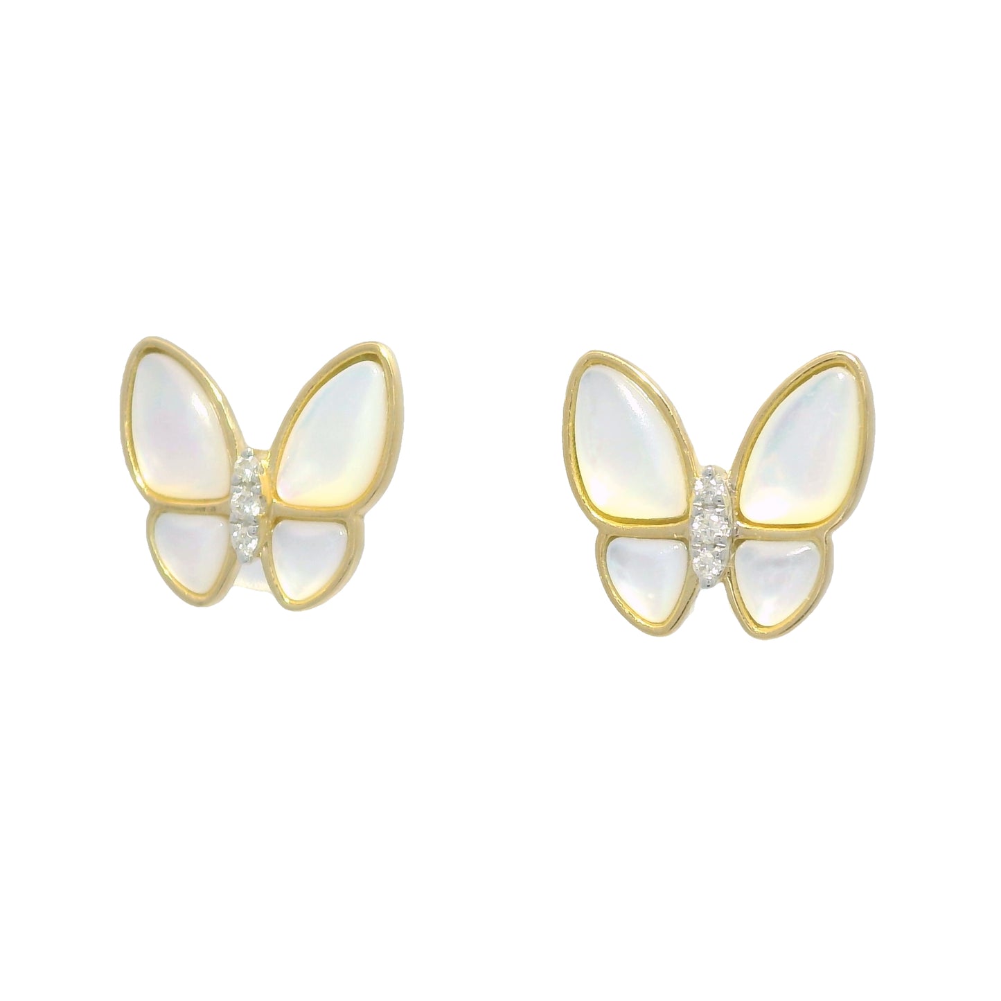 18k Yellow Gold White Mother of Pearl & Diamond Butterfly Stud Earrings
